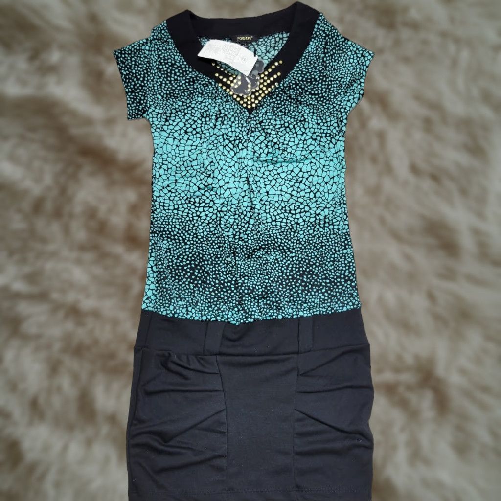 Vintage Fors Line Turquoise Black Bodycon Dress Embellished Collar Cocktail Sz 1 NWT Womens Short Sleeve Viscose Spandex Rhinestone Pleated Size XS / US 0-2 / IT 36-38 - 1 Thumbnail