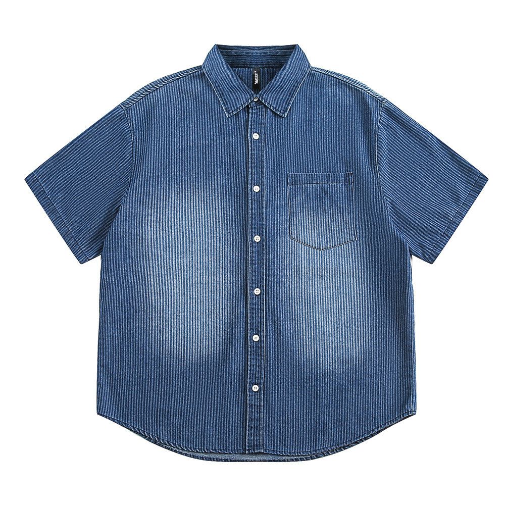 Japanese Brand × Vintage Men's street loose washed striped denim short-sleeved shirt Size US M / EU 48-50 / 2 - 1 Thumbnail