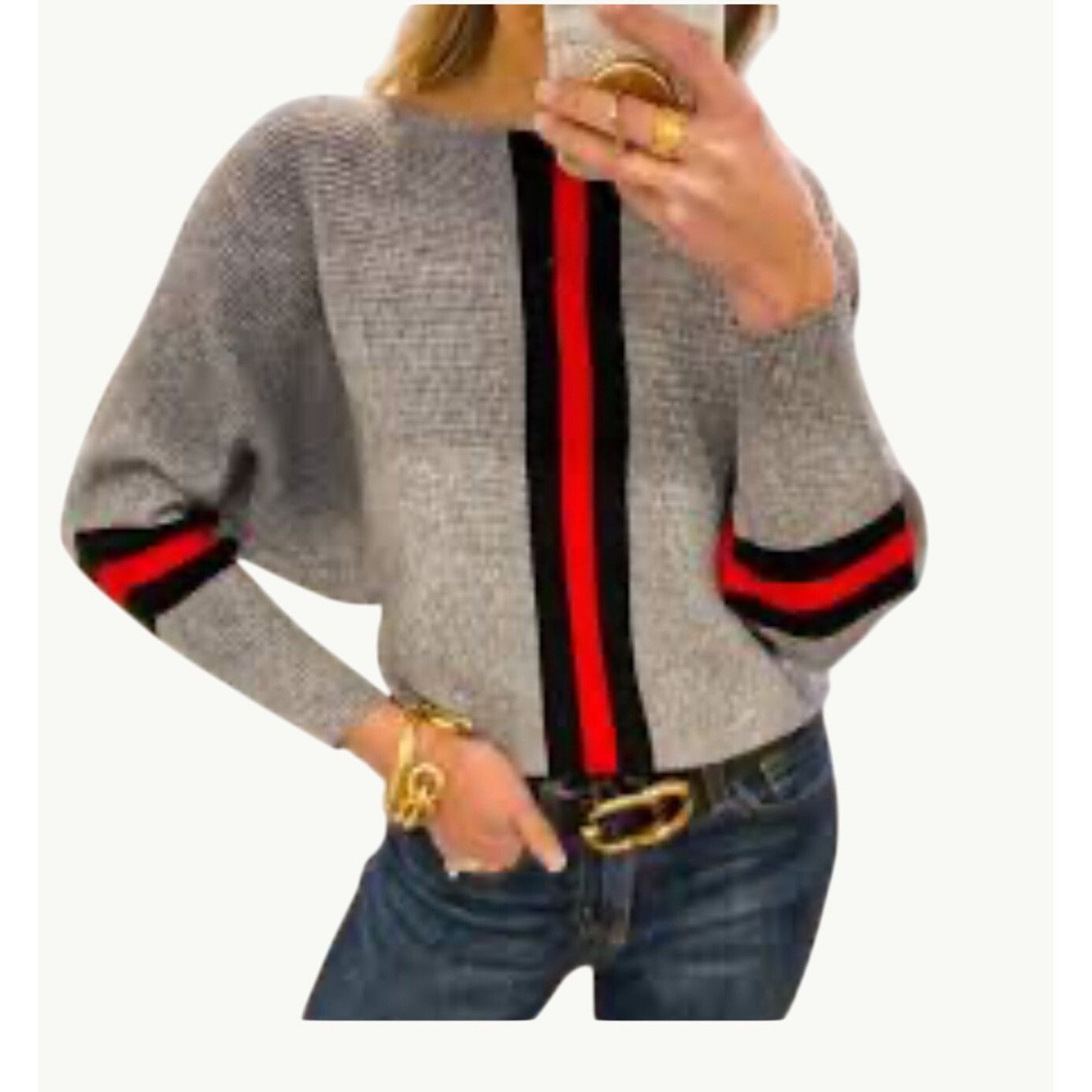 Other CCC Gray Batwing Crop Top Sweater Red Black Stripes Chic Sty Size M / US 6-8 / IT 42-44 - 6 Thumbnail