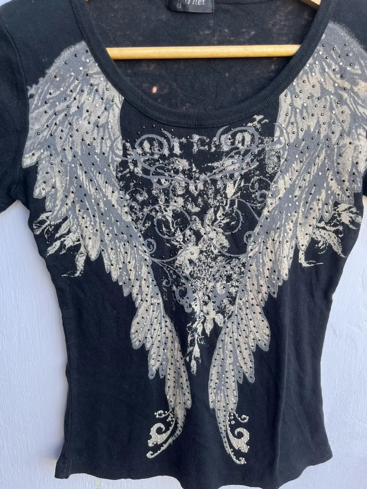 Japanese Brand Vintage Y2K Wing Graphic Tee Rhinestone Studded Grunge Size S / US 4 / IT 40 - 2 Thumbnail