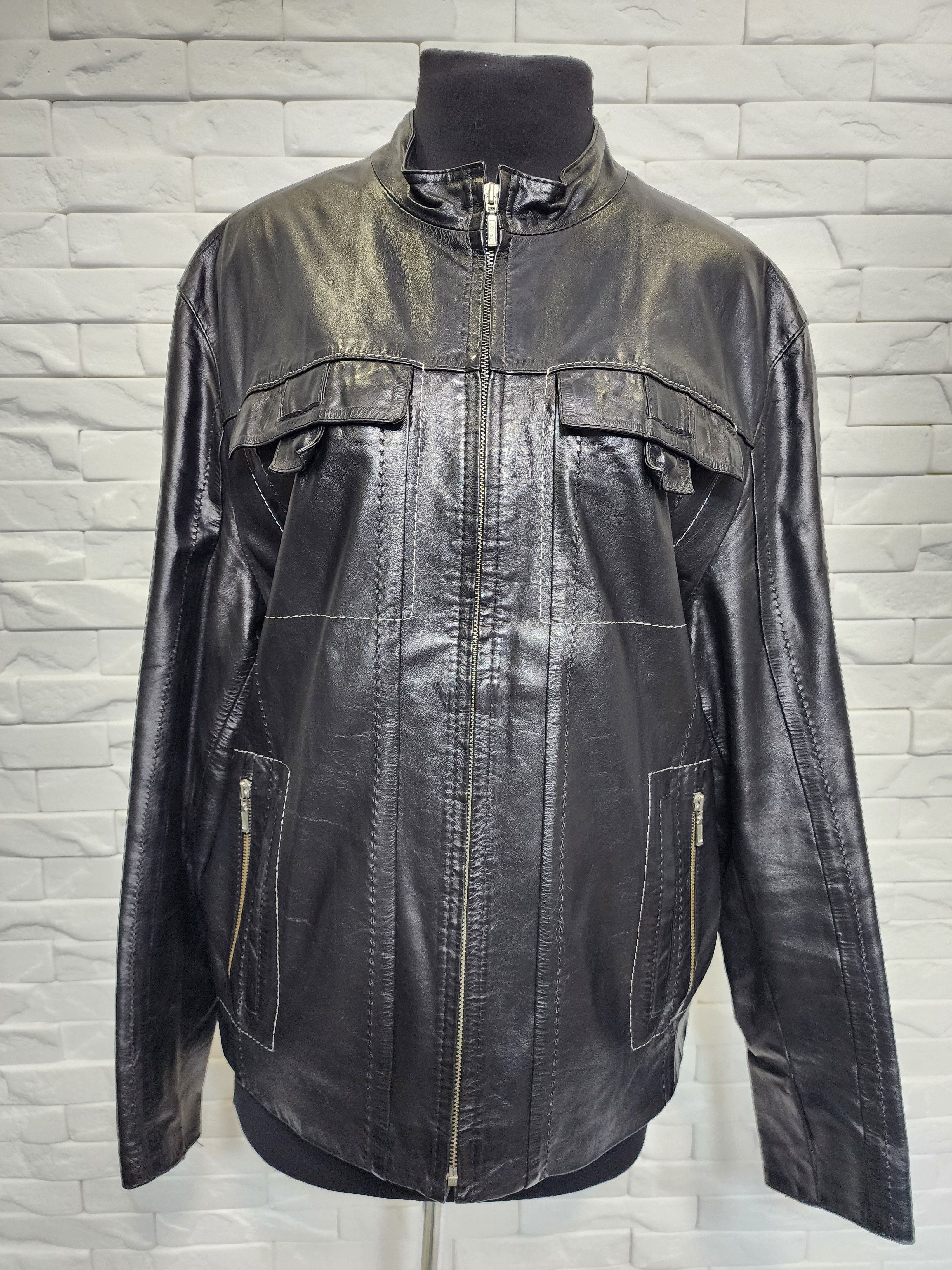 Genuine Leather Men's Black Genuine Leather Jacket: Zippered Pockets Size US L / EU 52-54 / 3 - 1 Thumbnail