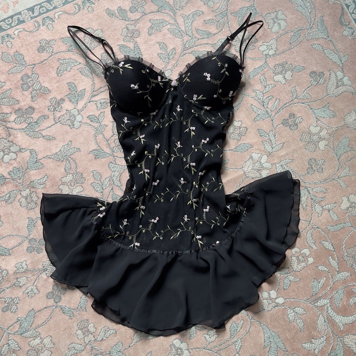 Other Romantic Y2K Black Floral Embroidered Mesh Slip Dress (M–L) Size L / US 10 / IT 46 - 1 Thumbnail