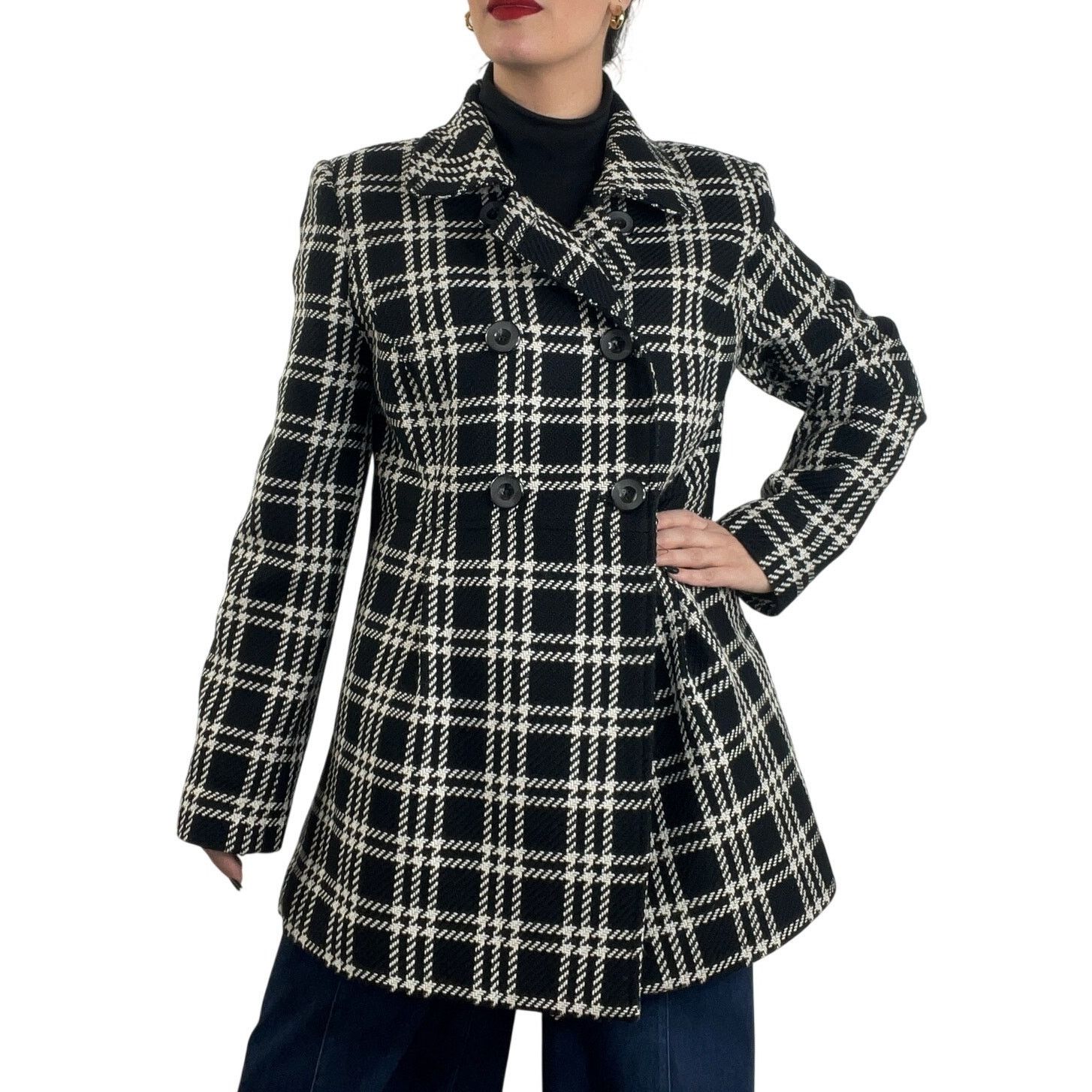 Other Style & Co. Black & White Plaid Long Wool Peacoat Large Size L / US 10 / IT 46 - 3 Thumbnail