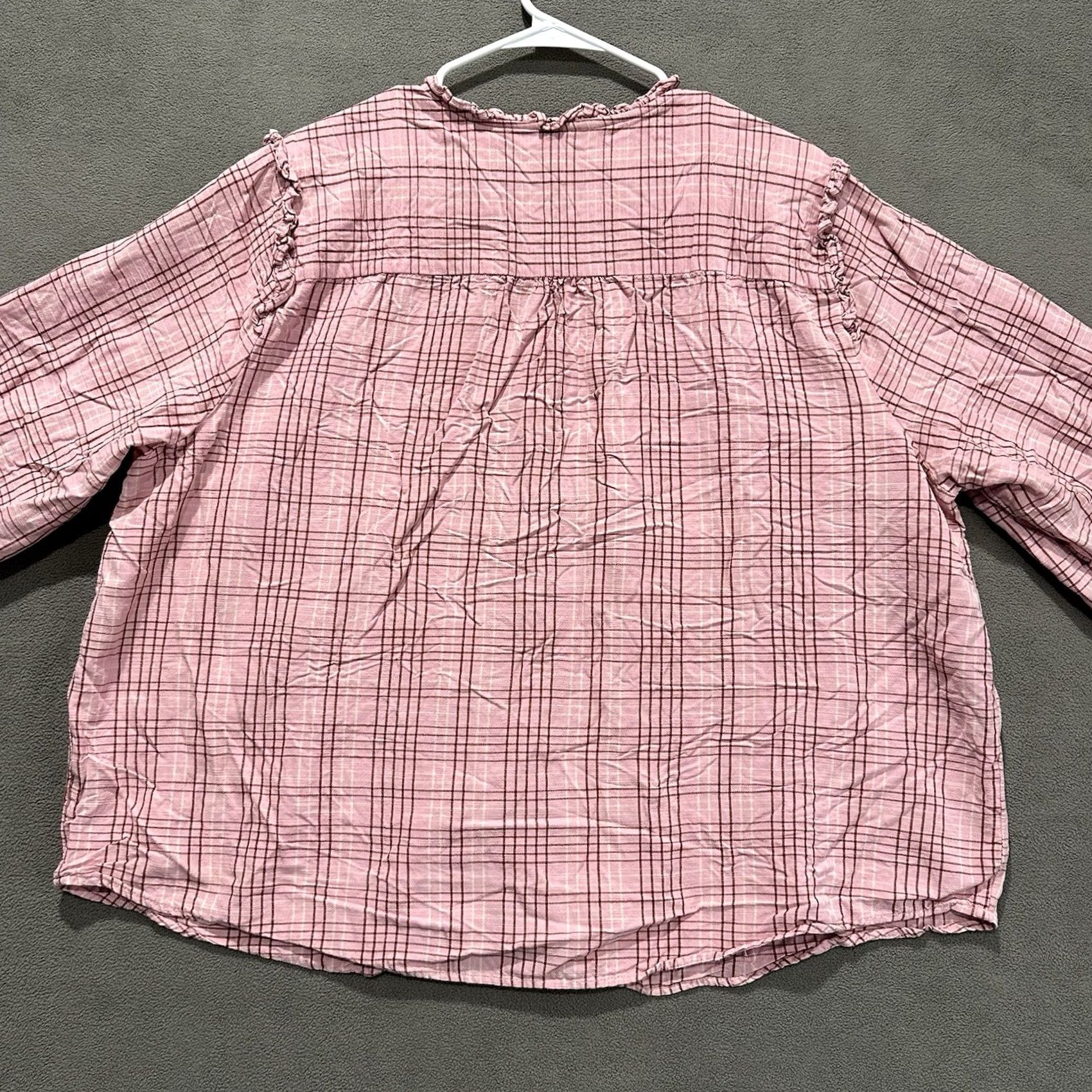 Vintage LC Lauren Conrad Blouse Womens 2X Pink Plaid Button Front Ruffle Balloon Sleeve Knit Cotton Blend Top Boy/Girls Women Size XXL / US 16-18 / IT 52-54 - 2 Thumbnail