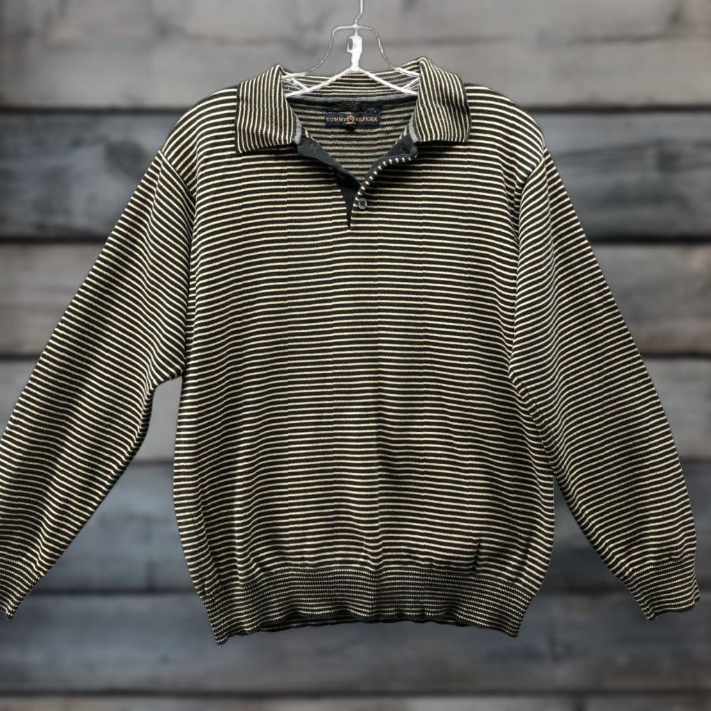 Tommy Hilfiger VINTAGE Tommy Hilfiger Sweater Polo Mens M Black Striped Cotton Knit Size US M / EU 48-50 / 2 - 1 Thumbnail