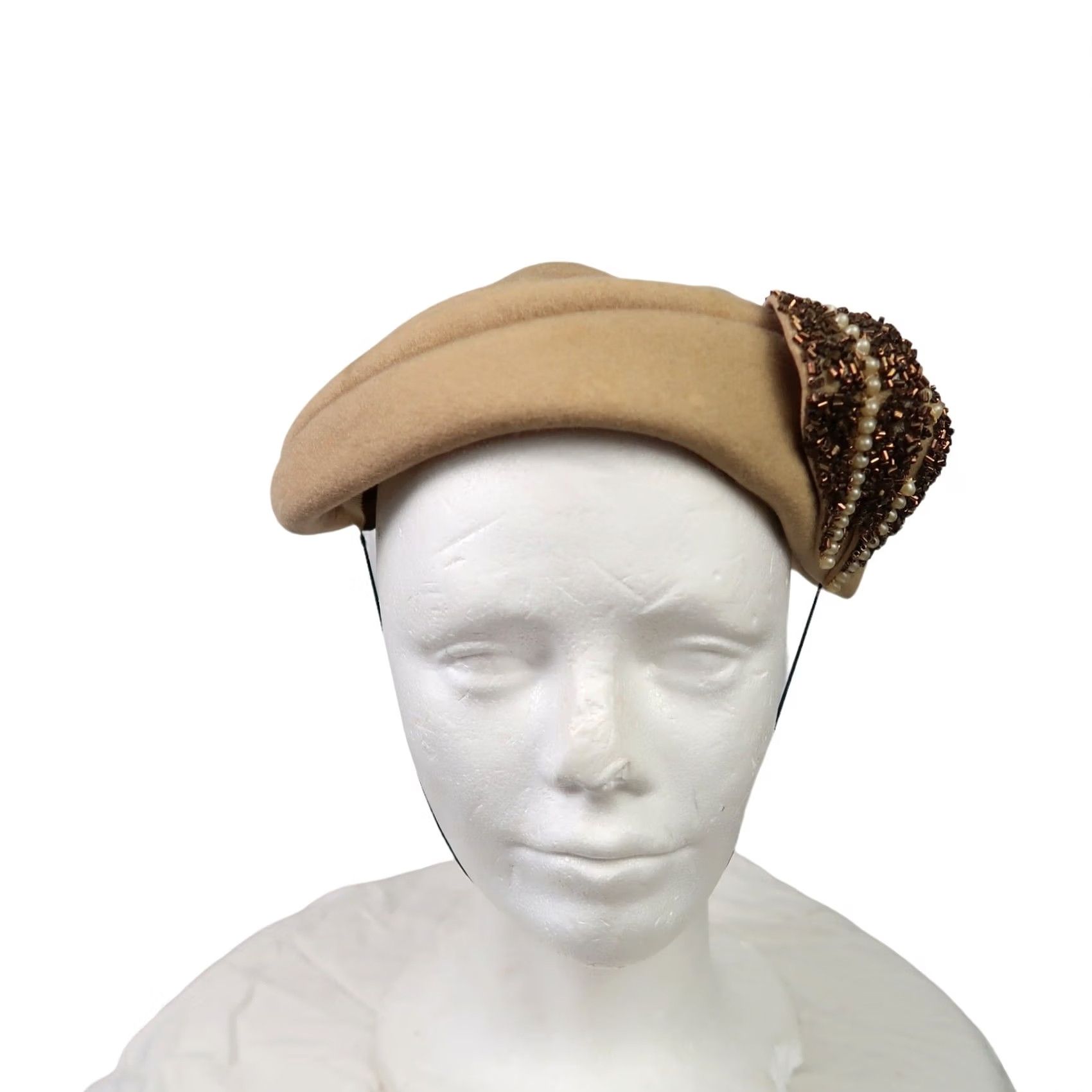 FELT VINTAGE Tan Felt Wool Bead Embellished Fascinator Beret Hat Women 50s Formal Party/Cocktail One Size Wool 100% Size ONE SIZE - 4 Thumbnail