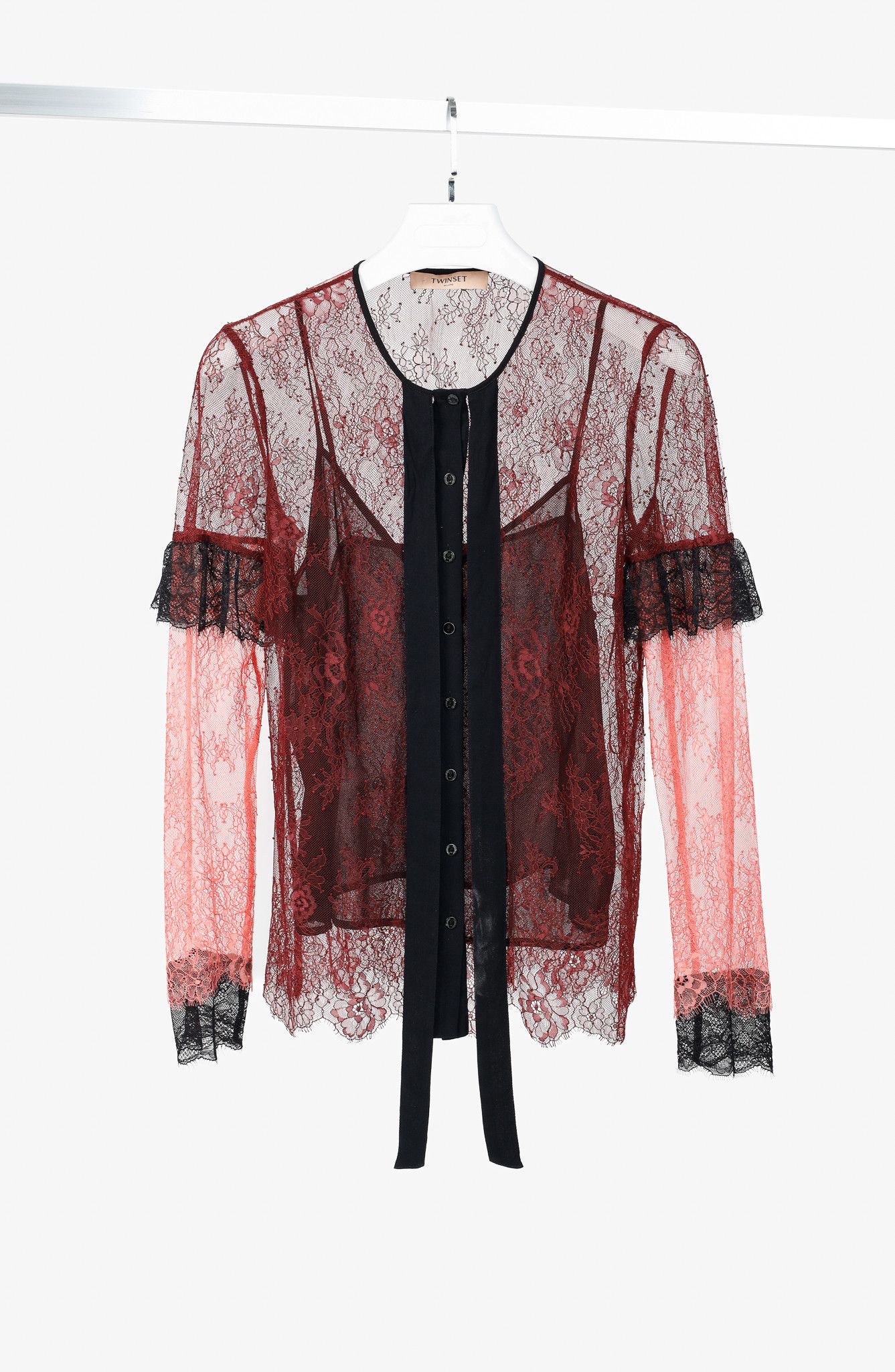 TWINSET Twinset Burgundy & Pink Lace Ruffle Tie-Neck Blouse Size S / US 4 / IT 40 - 1 Thumbnail