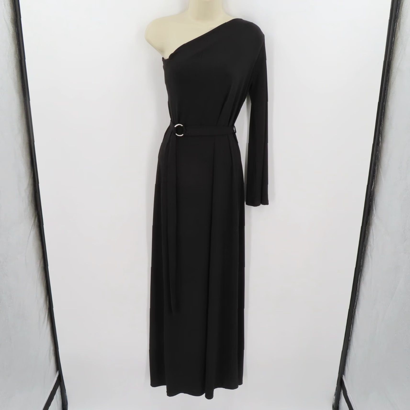 Vintage Ariella Womens Small Solid Black One Shoulder Long Sleeve Maxi Dress Slit Belted Size S / US 4 / IT 40 - 7 Thumbnail