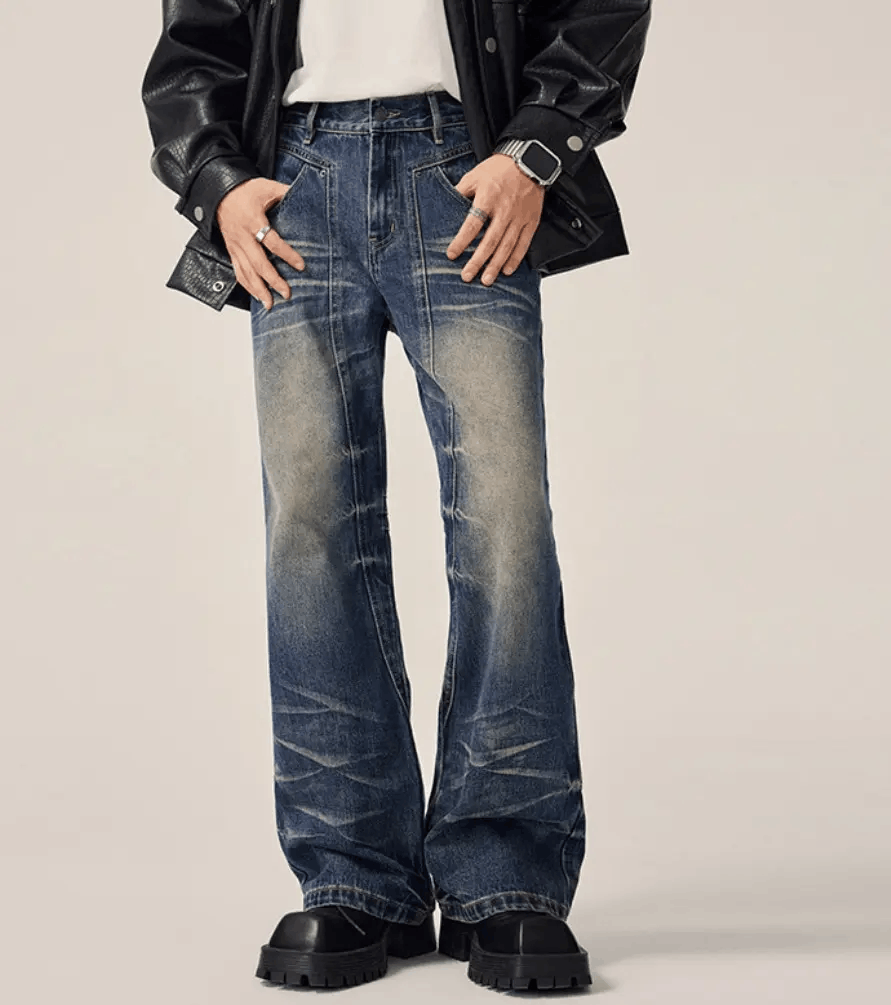 Vintage washed claw mark textured wide leg jeans