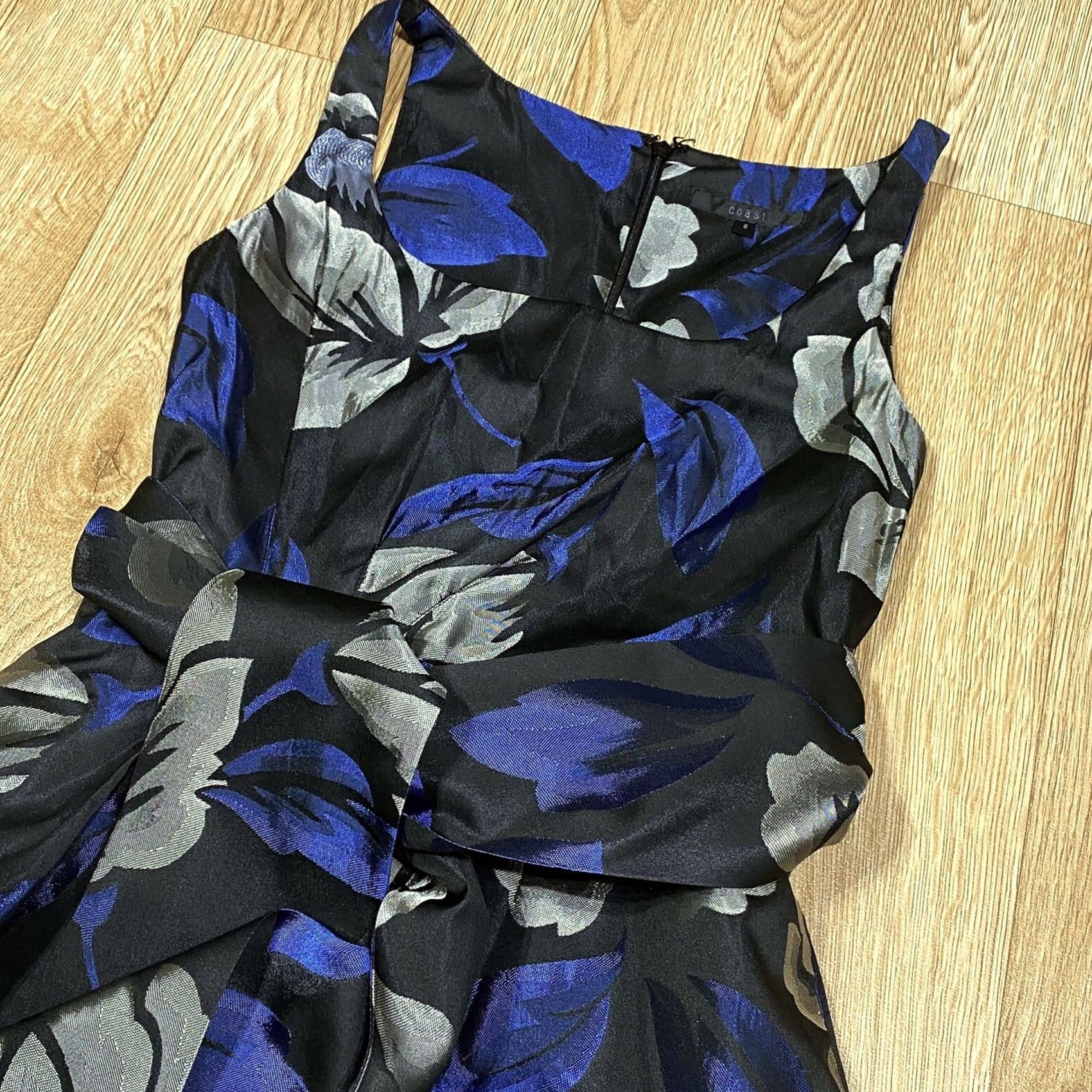 Vintage Coast Cocktail Party Dress UK 8 Floral Black Navy Sleeveless Pre Loved, Multicoloured, Polyester Acetate, See Pictures, Regular, Women Size M / US 6-8 / IT 42-44 - 3 Thumbnail