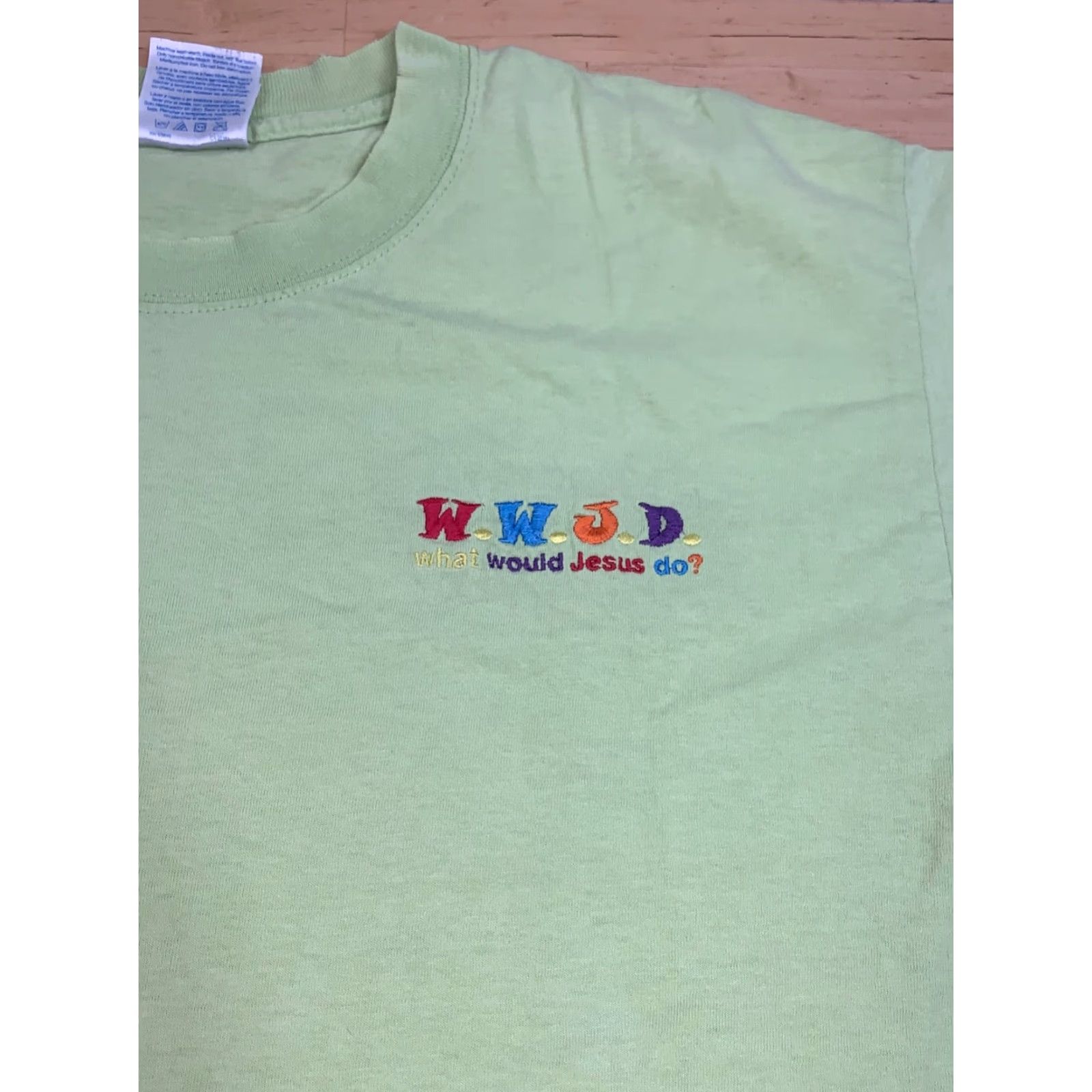 Gildan VINTAGE What Would Jesus Do Shirt Mens L Lime Green WWJD T-Shirt Cotton Gildan 1990s Regular Short Sleeve Crew Neck Size US L / EU 52-54 / 3 - 5 Thumbnail