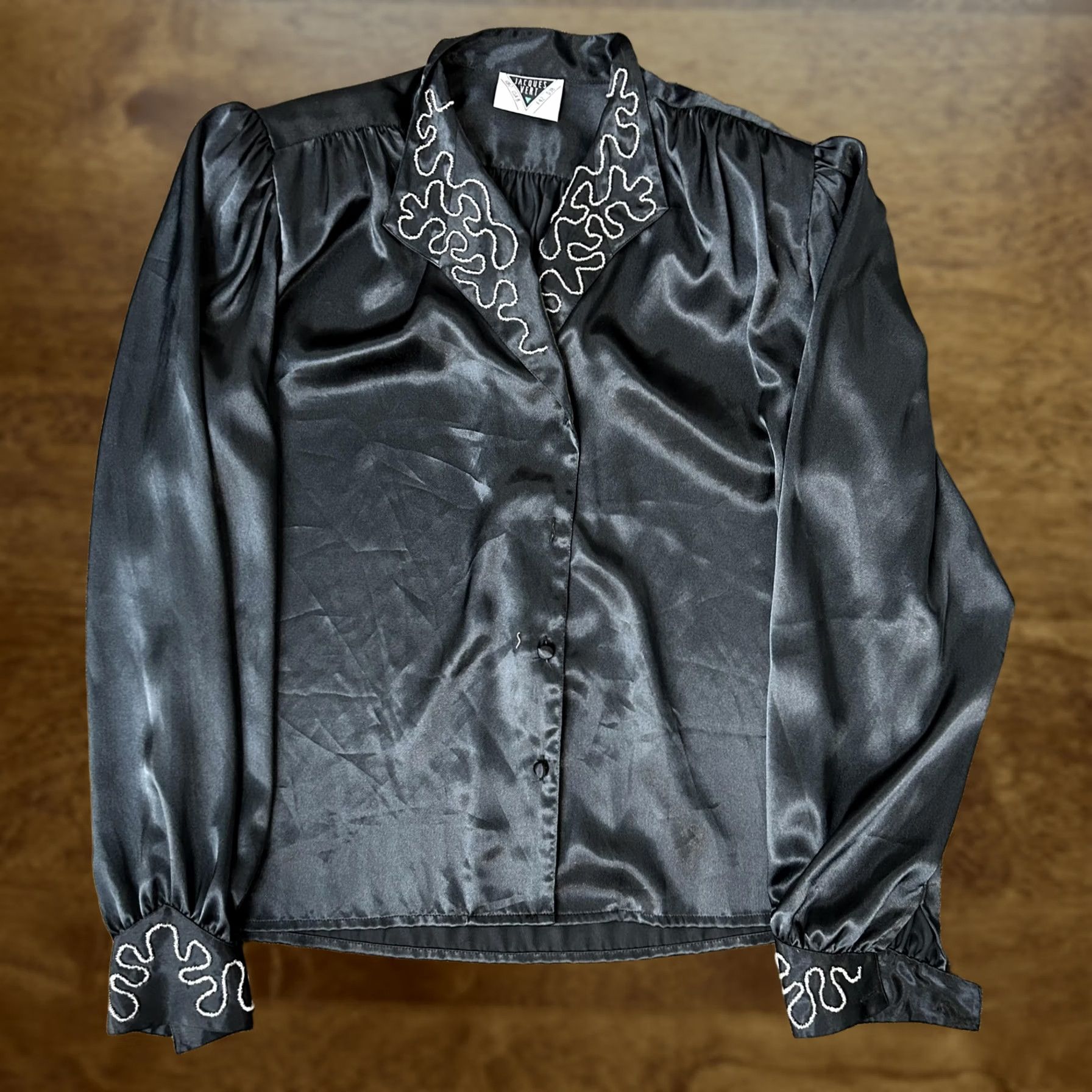 Vintage VINTAGE Jacques Vert Shirt Womens 8 Black Satin Embroidered Collar Cuffs 80s Shirt Womens 8 Black Satin Embroidered Collar Cuffs 80s Womens Size XL / US 12-14 / IT 48-50 - 1 Thumbnail