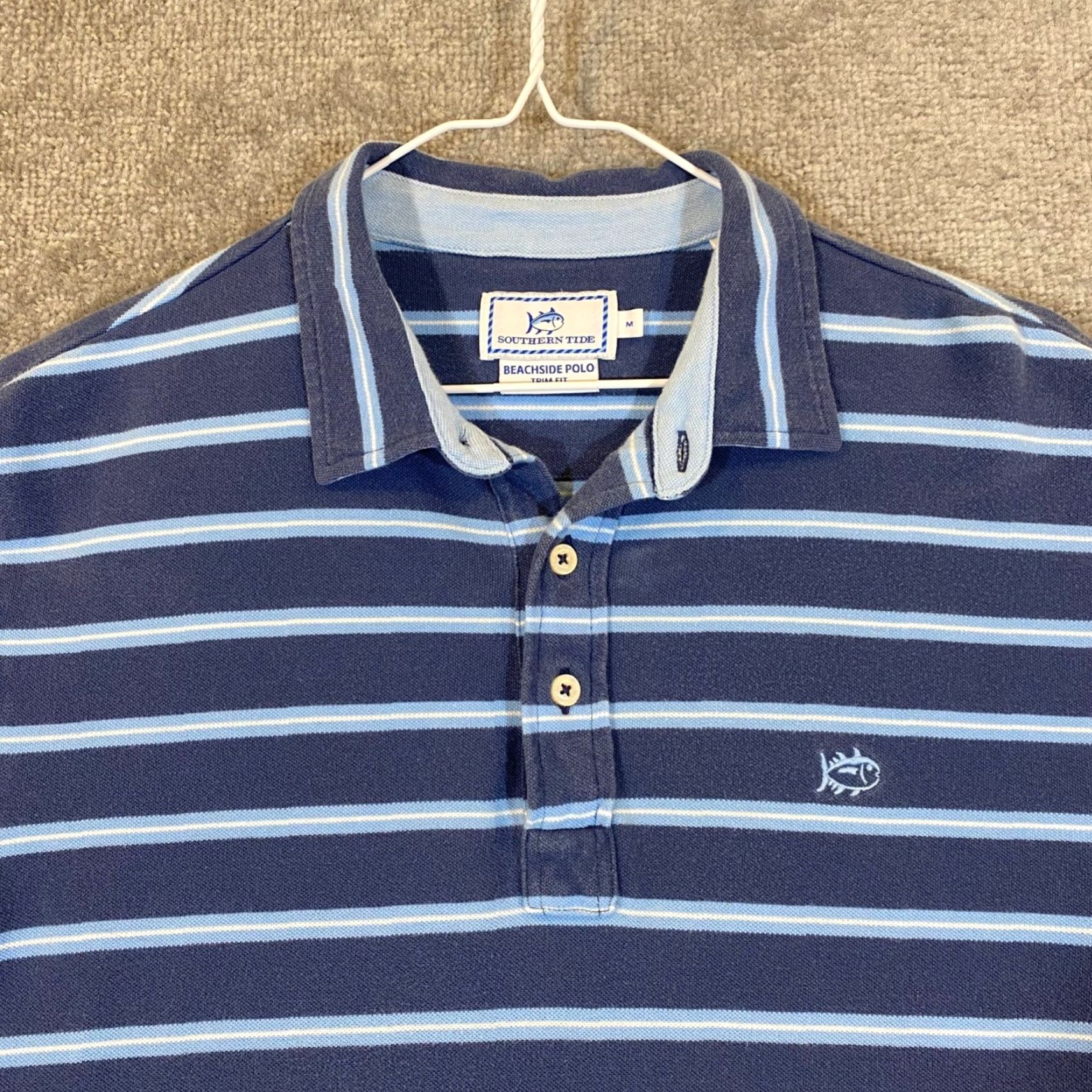 Southern Tide Southern Tide Polo Beachside Mens Medium Trim Blue White Striped Golf Shirt S/S Size US M / EU 48-50 / 2 - 2 Thumbnail