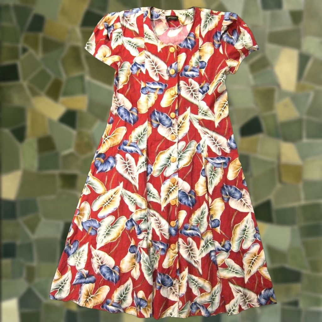 Vintage Gene M. Gozum 100% Rayon Red Blue Floral Hawaiian Button Down Maxi Sundress M Dress Womens Vintage Floral Sundress Size M / US 6-8 / IT 42-44 - 1 Thumbnail
