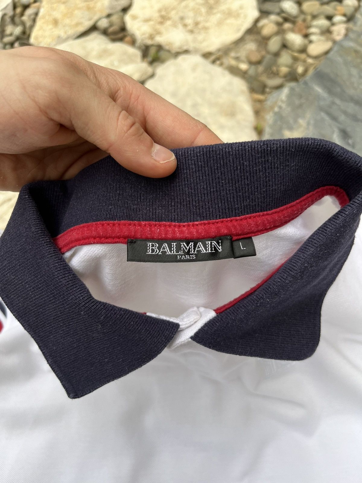 Balmain × Designer Balmain chest logo polo t-shirt tee with striped sleeves Size US L / EU 52-54 / 3 - 15 Thumbnail