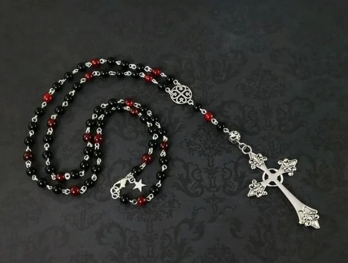 Other × Vintage Red and Black Gothic Rosary Long Gothic Cross with Beads Size ONE SIZE - 2 Thumbnail