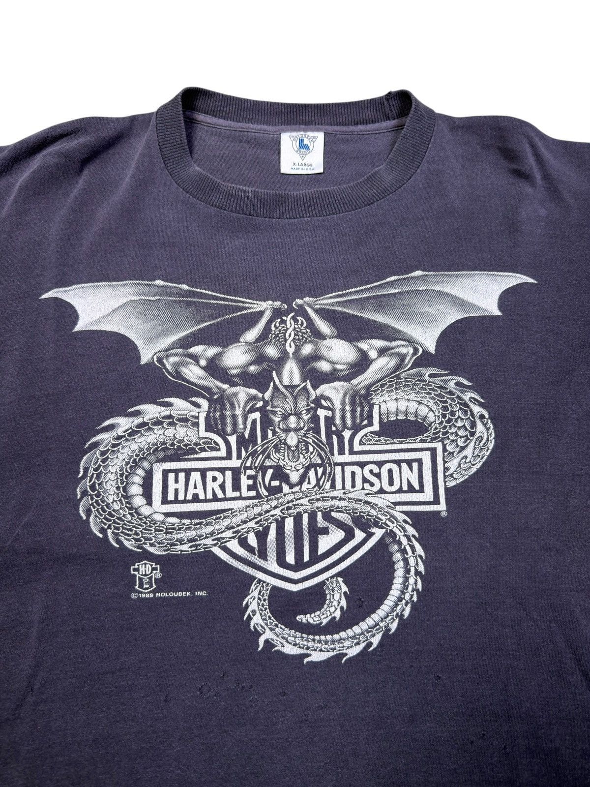 Vintage *RARE* HARLEY DAVIDSON VINTAGE 1988 HOLOUBEK DRAGON FADED Size US XL / EU 56 / 4 - 2 Thumbnail