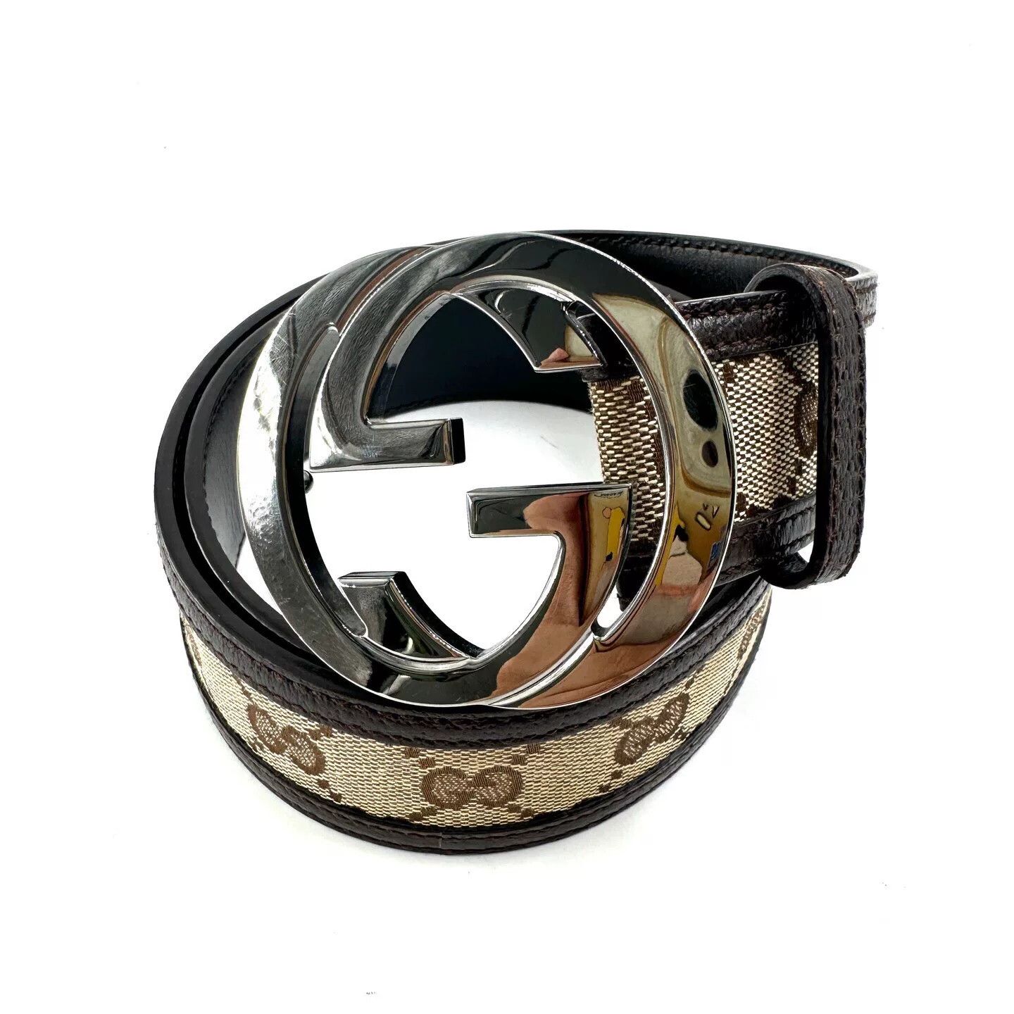 Gucci Gucci Classic Silver Buckle GG Canvas Leather Belt Size ONE SIZE - 1 Thumbnail