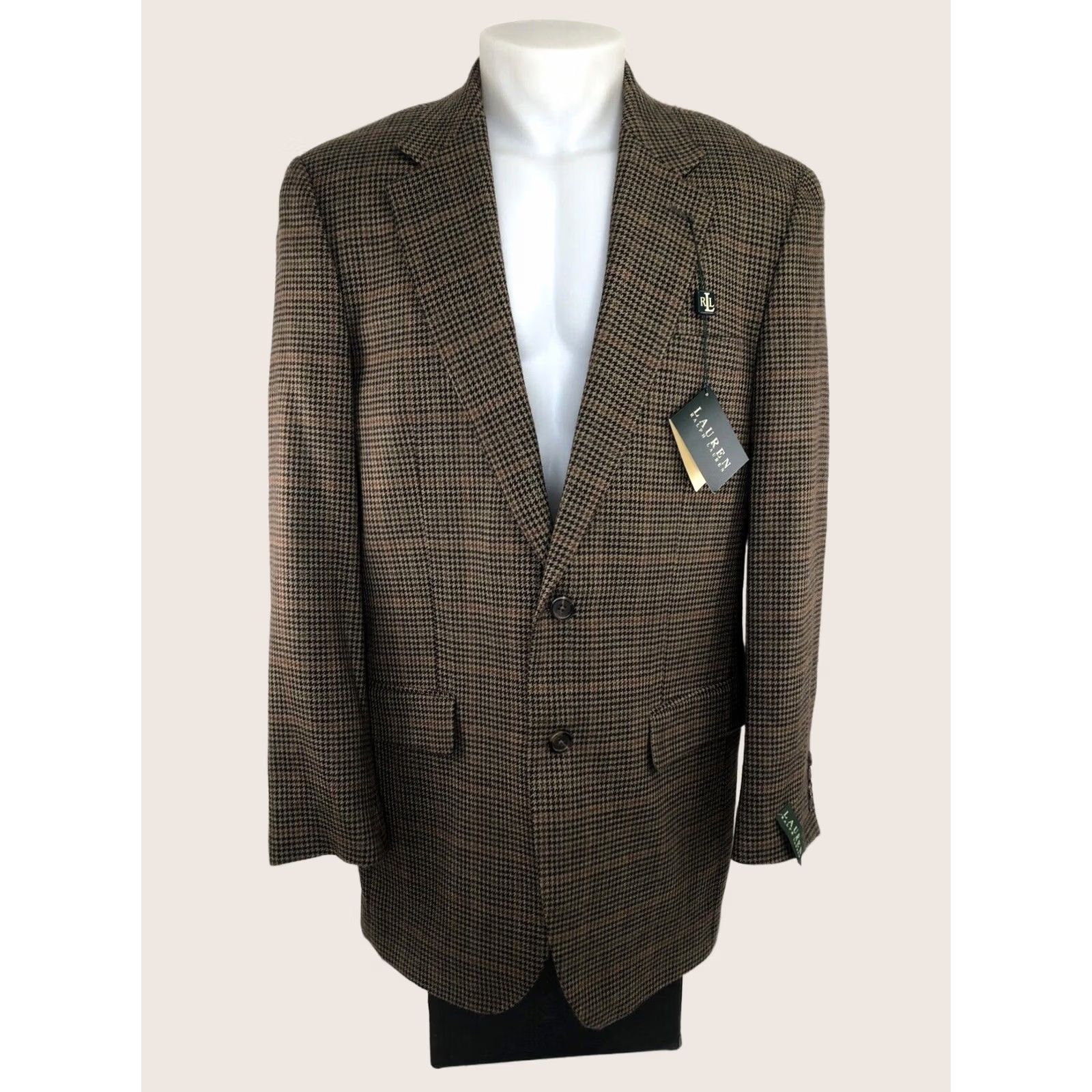 Ralph Lauren LAUREN / Ralph Lauren Blazer - Houndstooth Lam bswo ol Wool 42L Long Big & Tall Men Brown 90s Blazer Mens Size 42R - 1 Thumbnail