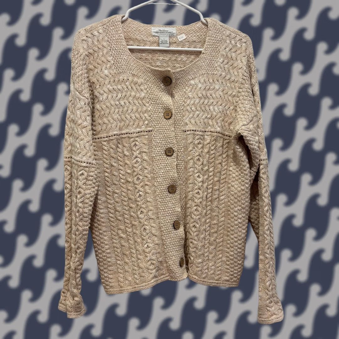 Vintage Vermont Country Store Sweater Cardigan Tan Cream Small Cotton Linen Cable Knit Size S / US 4 / IT 40 - 1 Thumbnail
