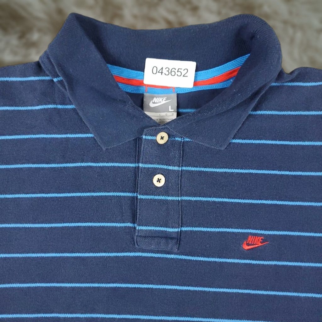 Nike VINTAGE Nike Polo Shirt Blue Striped Mens Large Cotton Short Sleeve Y2K Swoosh Size US L / EU 52-54 / 3 - 1 Thumbnail