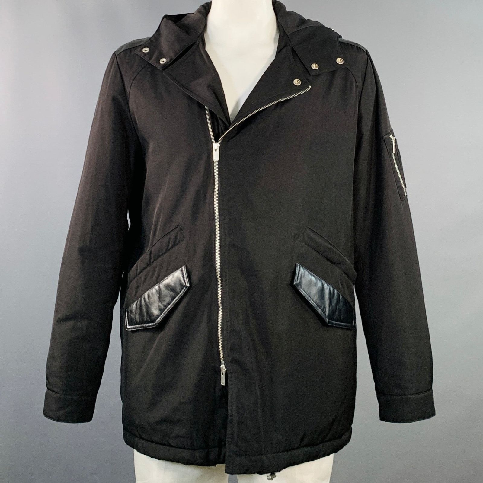 The Kooples THE KOOPLES Size XL Black Polyester Leather Trim Hooded Coat Size US XL / EU 56 / 4 - 1 Thumbnail