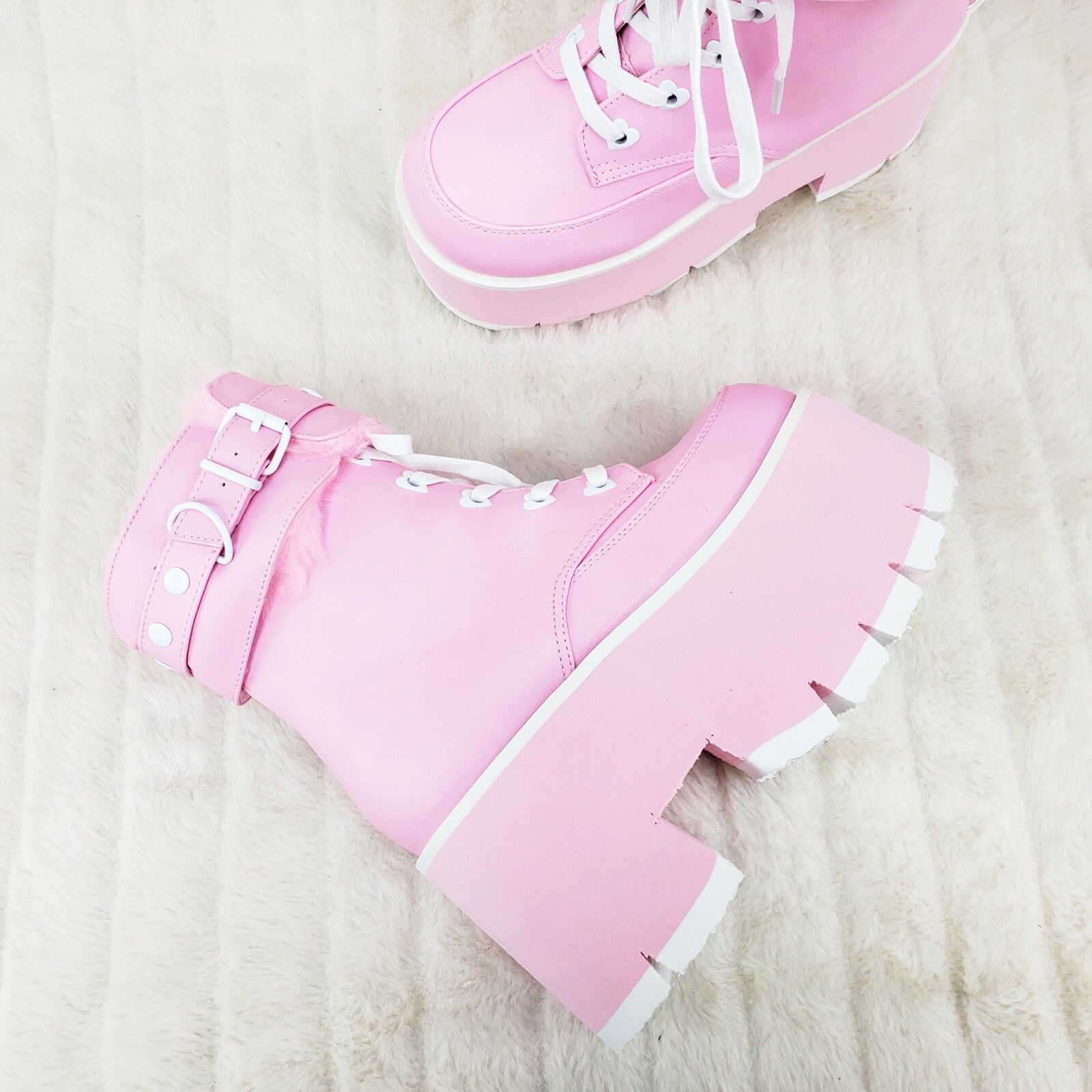 Other Ashes 57 Pink Heart Studs 3.5" Platform Goth Boots Fur Lined Size US 7 / IT 37 - 5 Thumbnail