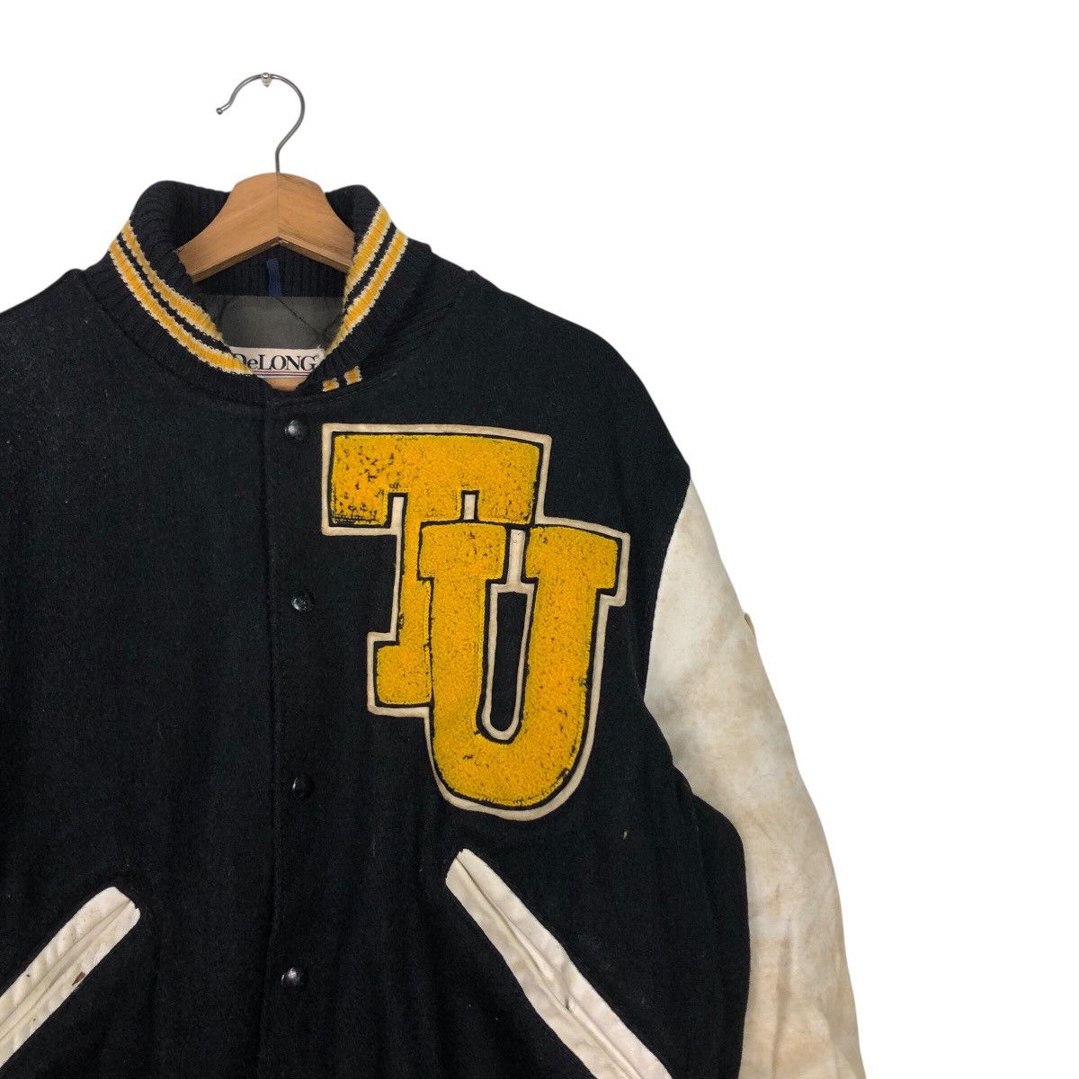 Delong 📌Vintage Varsity Leather Jacket Delon Big Logo Embroidered Size US M / EU 48-50 / 2 - 8 Thumbnail