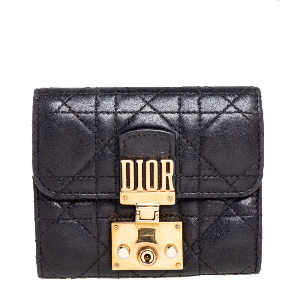 image of Dior Black Cannage Leather Addict Compact Wallet, Women's
