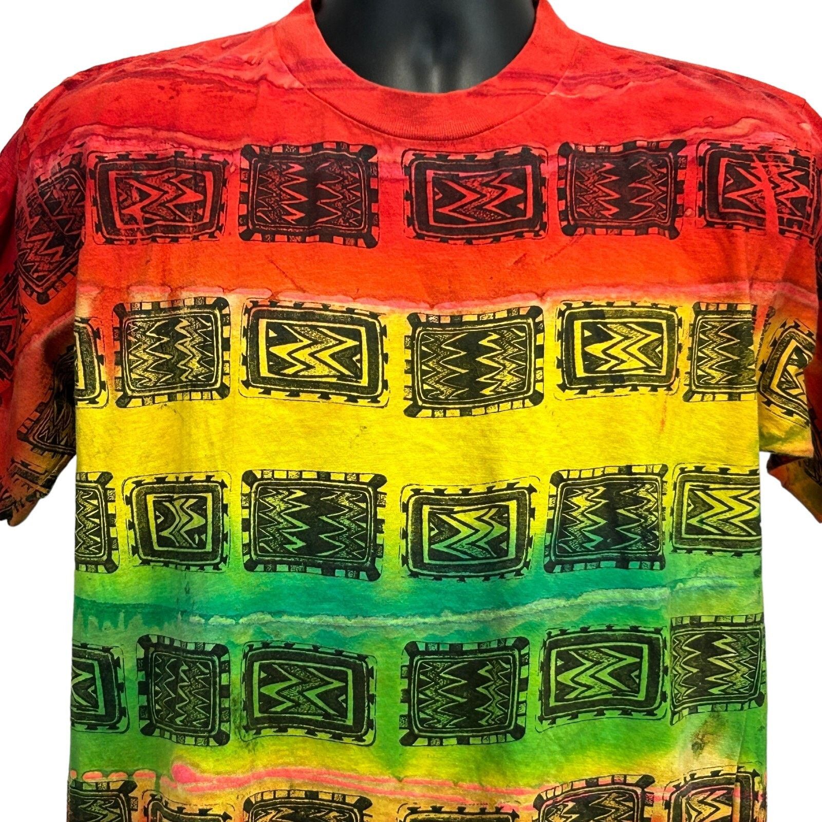 Vintage Vintage 90s Tribal Aztec Striped T Shirt Red Tie Dye L Large Size US L / EU 52-54 / 3 - 1 Thumbnail