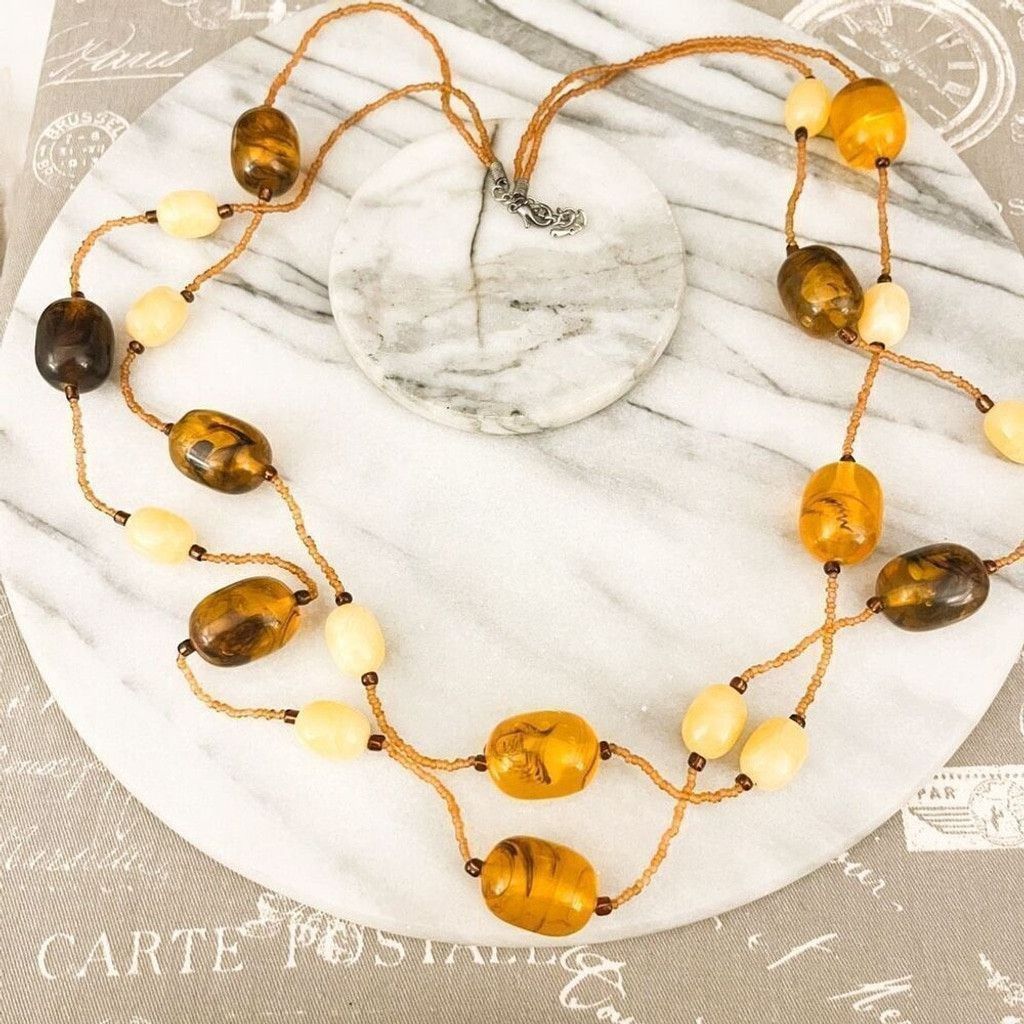 Jewelry Chunky Amber Acrylic Bead Necklace 2 Strand Layered Brown Size ONE SIZE - 1 Thumbnail