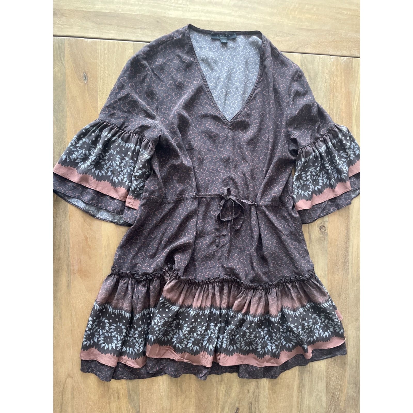 Allsaints AllSaints Silk Dress Flutter Sleeve Geometric Bohemian A-Line Knee Length M Multicolor Women Size M / US 6-8 / IT 42-44 - 2 Thumbnail