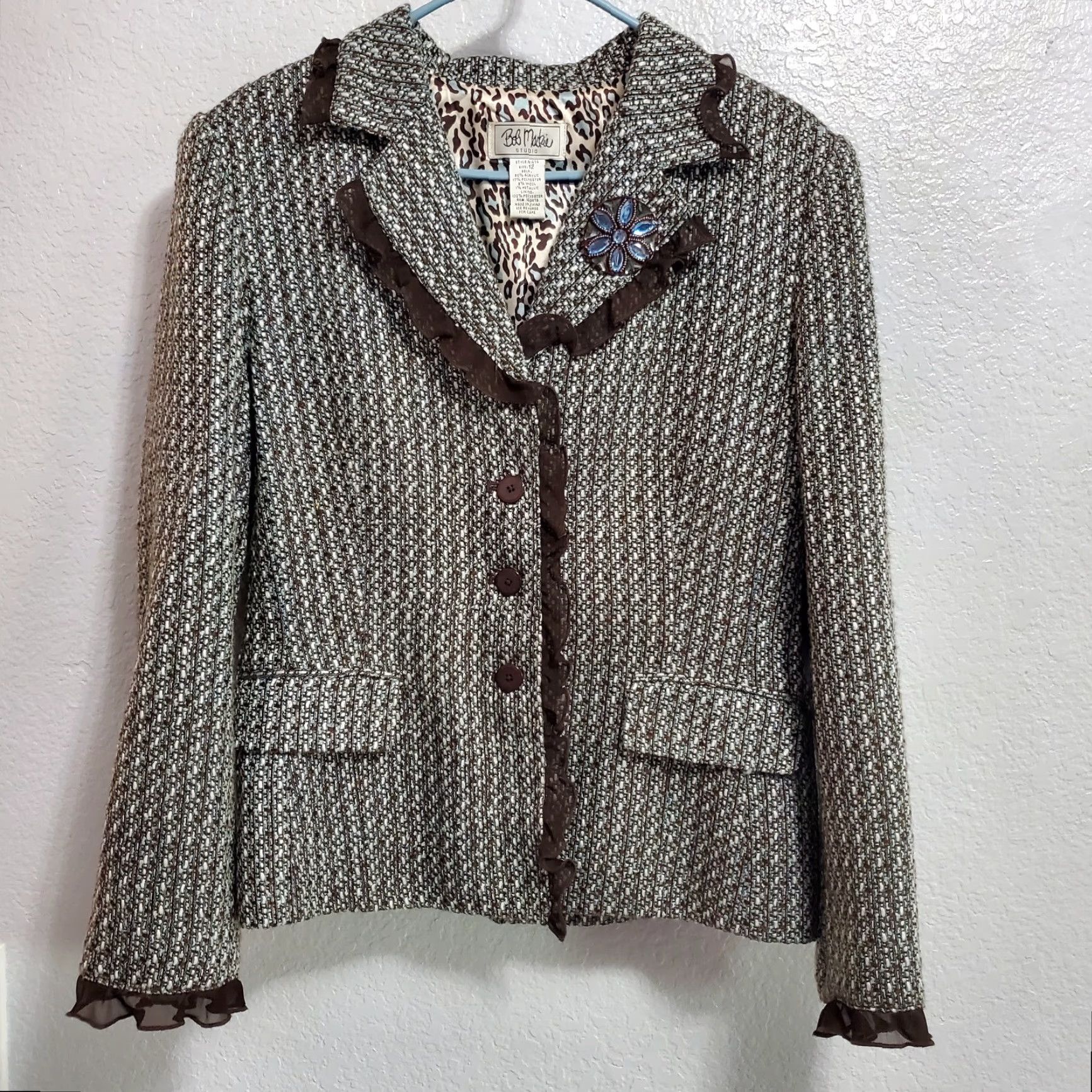 Bob Mackie VINTAGE Bob Mackie Studio Jacket Blazer Womens 12 Brown Blue Tweed Ruffles Shoulder Pads Blazer Womens Size XL / US 12-14 / IT 48-50 - 2 Thumbnail