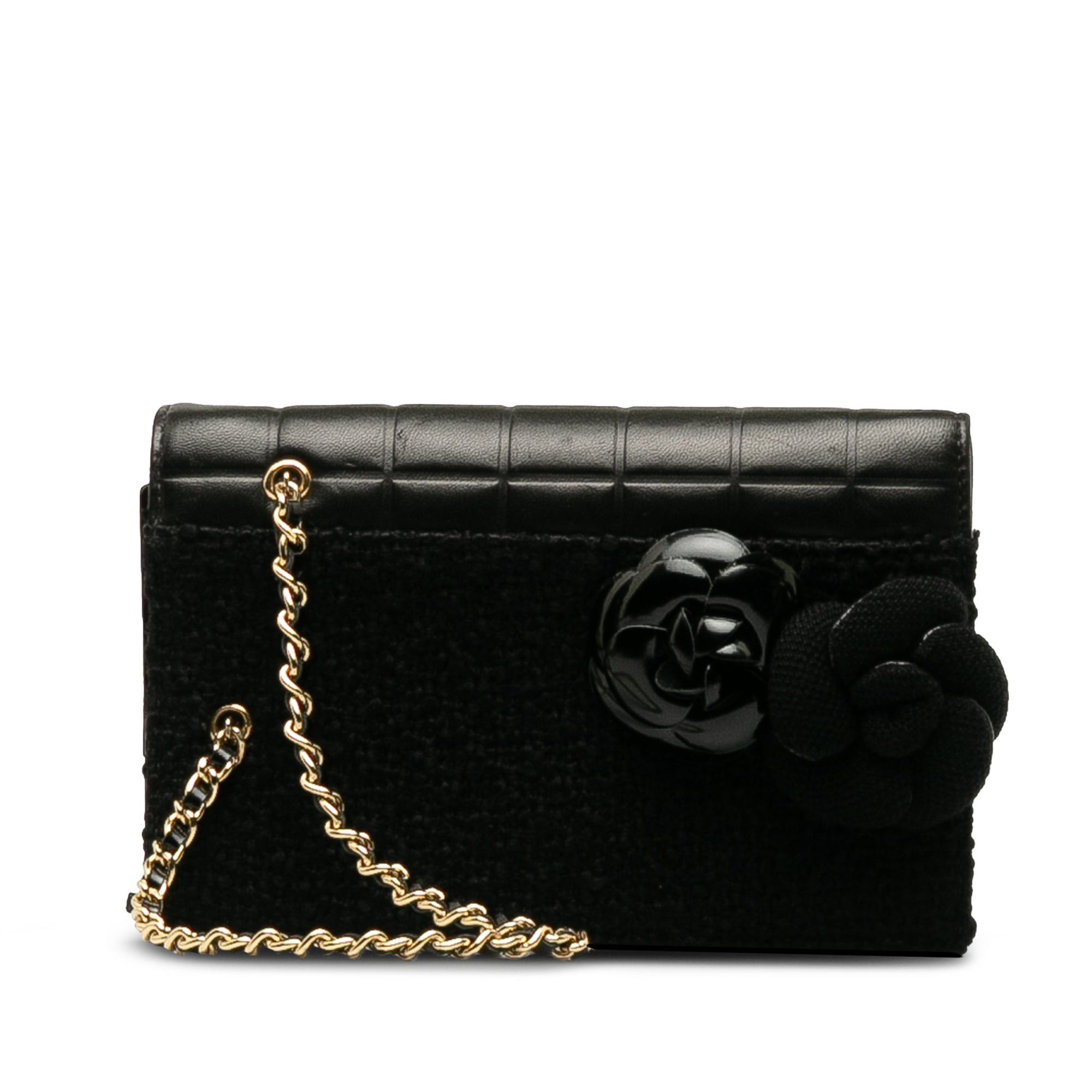 image of Chanel Tweed Chocolate Bar Camellia Clutch Clutch Bag in Black, Women's