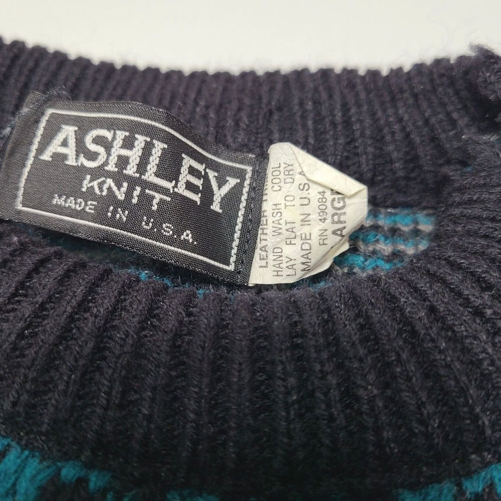 Vintage VINTAGE Ashley Knit Sweater Mens Large Leather Trim Geometric Made USA 90's Size US L / EU 52-54 / 3 - 5 Thumbnail