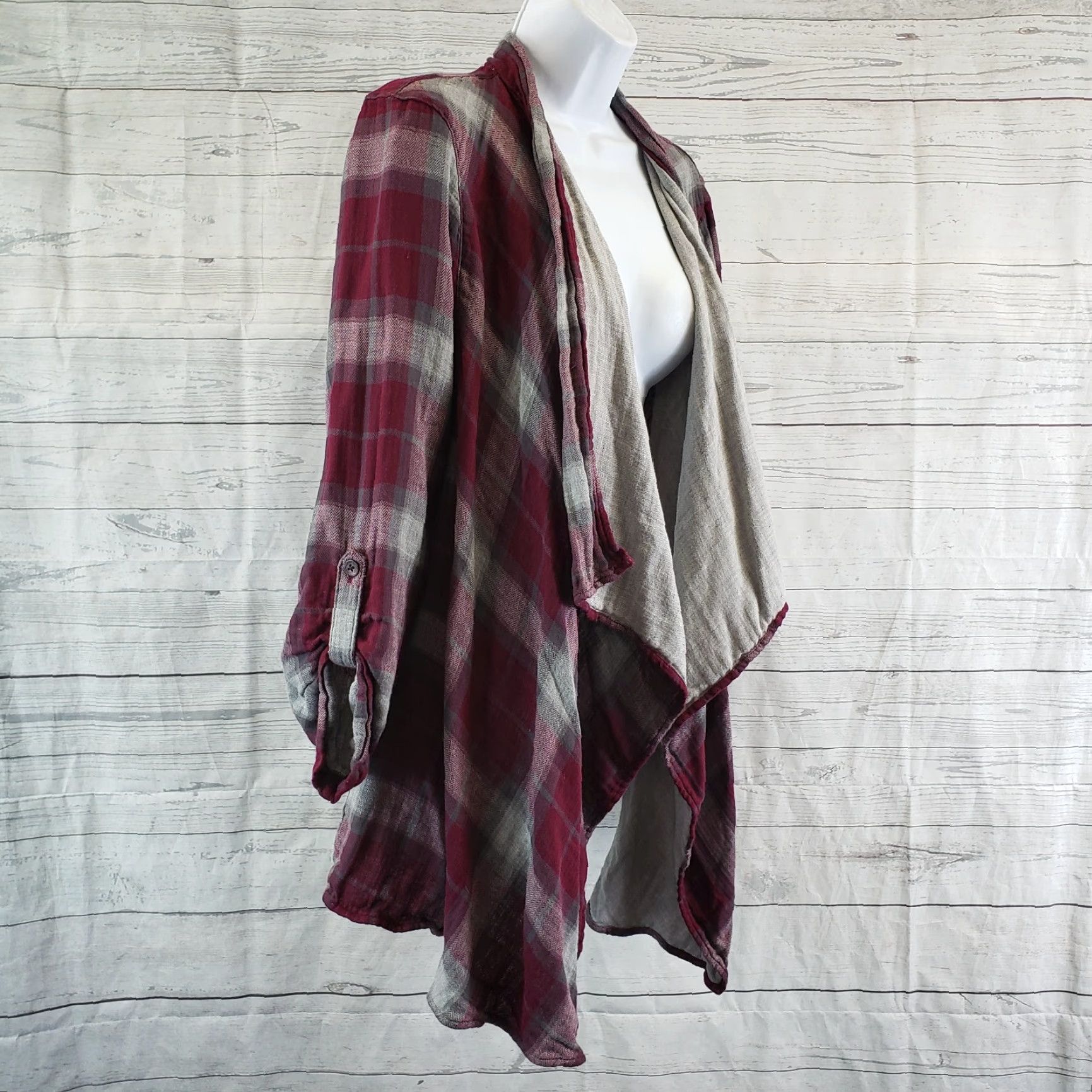 Eddie Bauer VINTAGE Eddie Bauer Womens Open Front Cardigan Top Sz Medium Burgundy Gray Plaid Cotton Size M / US 6-8 / IT 42-44 - 3 Thumbnail