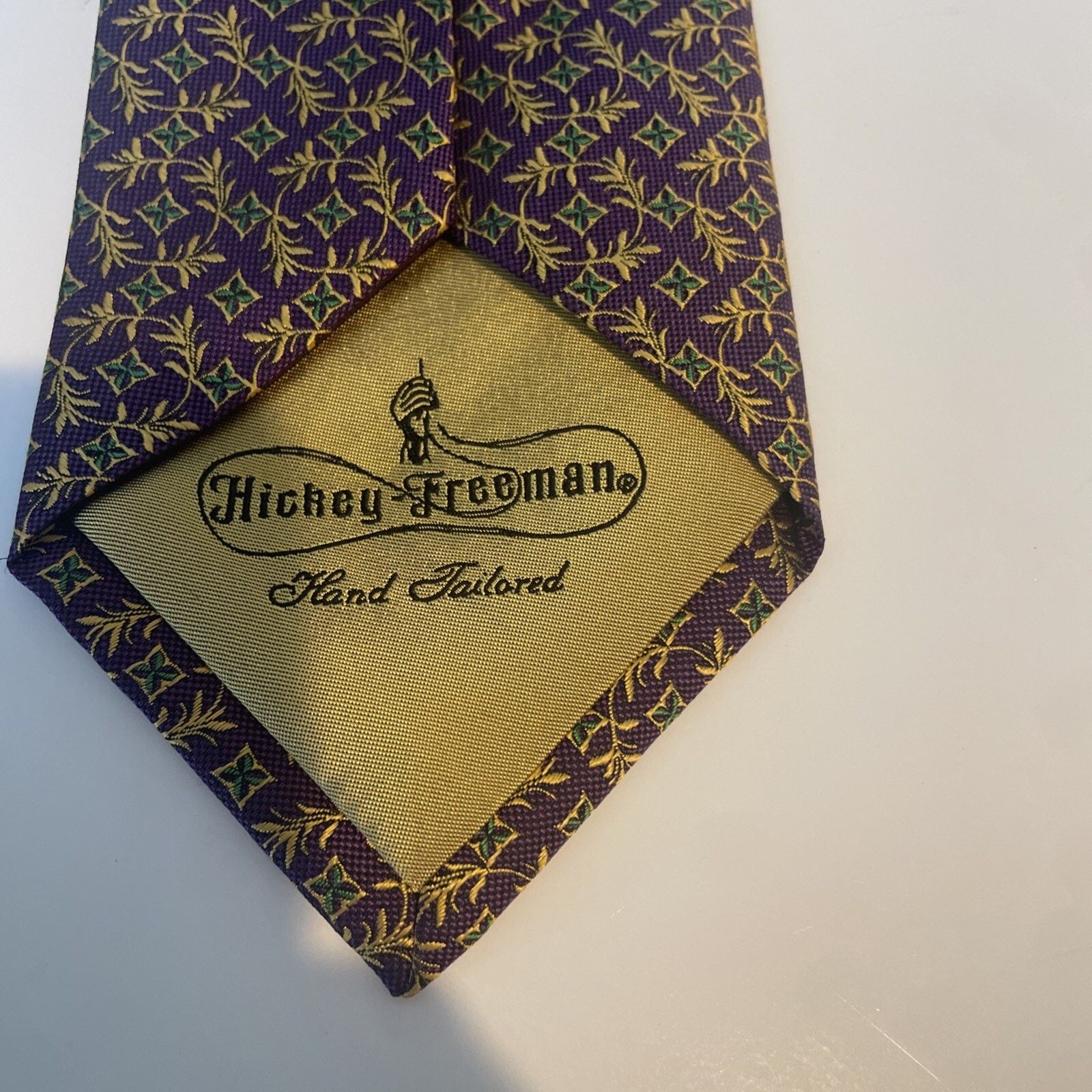 Hickey Freeman HICKEY FREEMAN Men's 100% Silk Tie Purple Green Gold Floral Size ONE SIZE - 4 Thumbnail