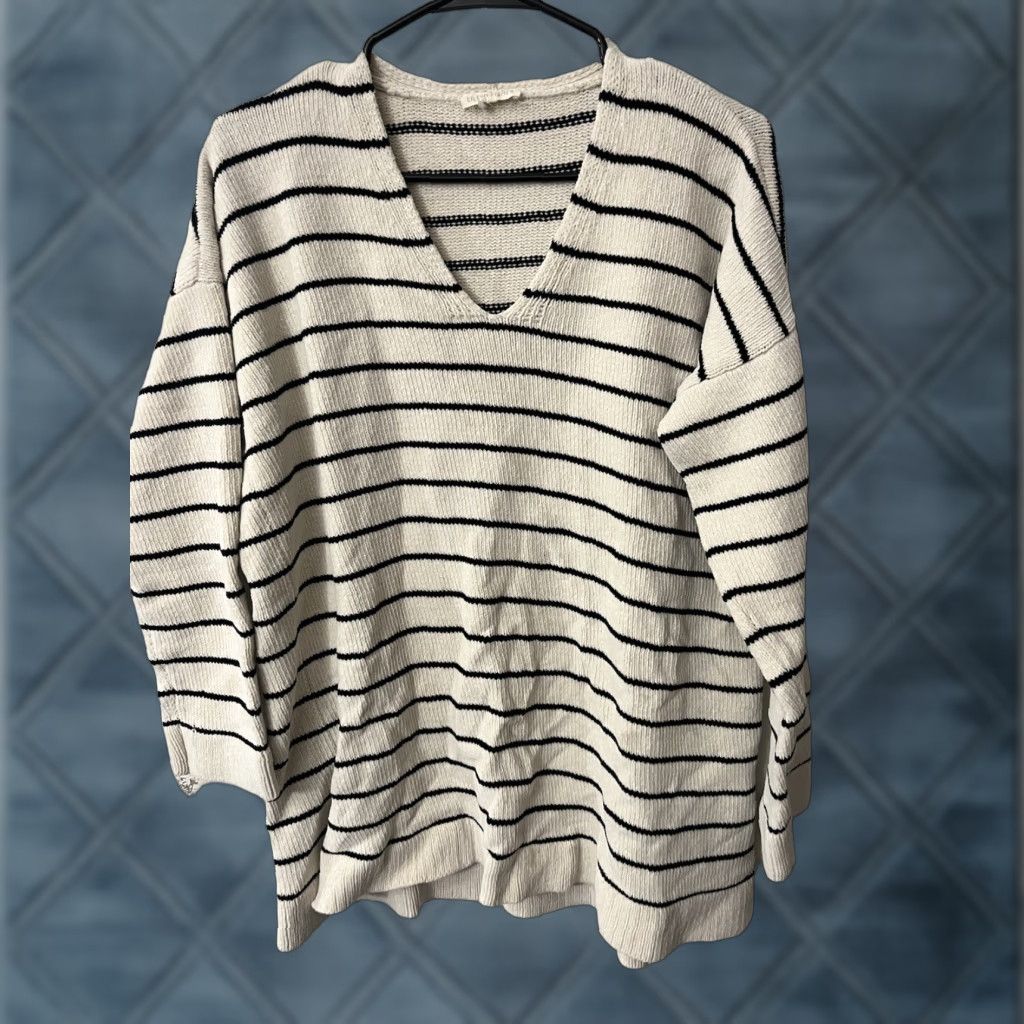 Eileen Fisher Eileen Fisher Chenille Striped Tunic Sweater Organic Ivory V-Neck Medium Relaxed Women Knit 100% Cotton Pullover Casual Classic Preppy Side Slit Size M / US 6-8 / IT 42-44 - 1 Thumbnail