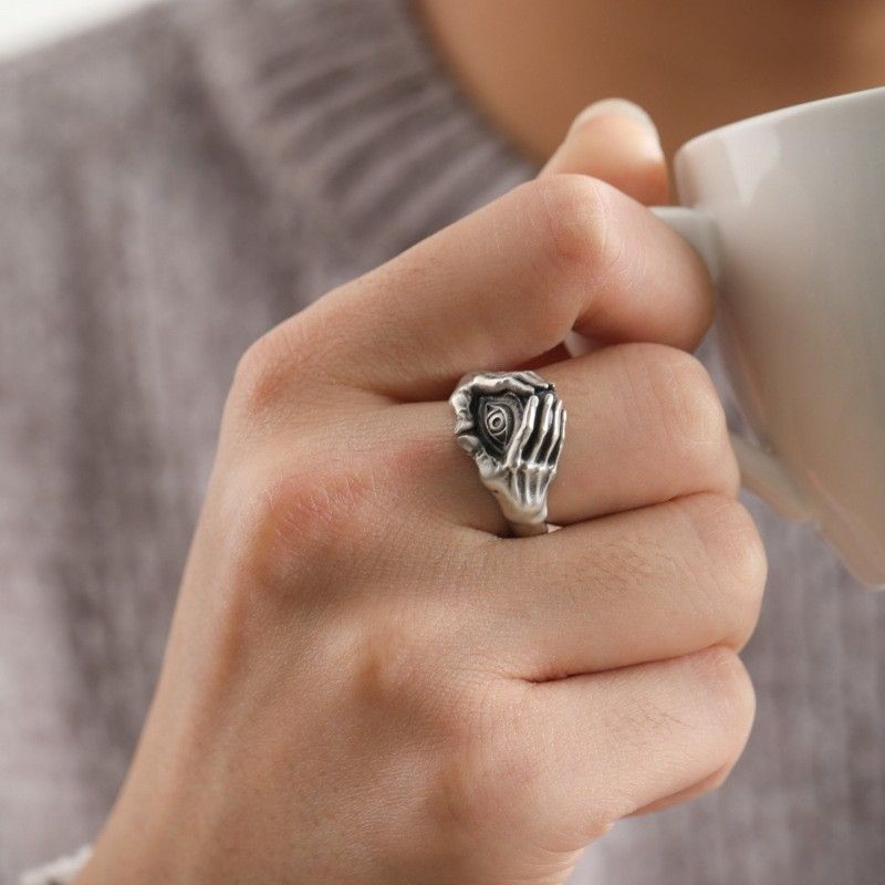 Sterling Silver × Vintage Resizable 925 Sterling Silver Hand Eye Ring Size ONE SIZE - 4 Thumbnail