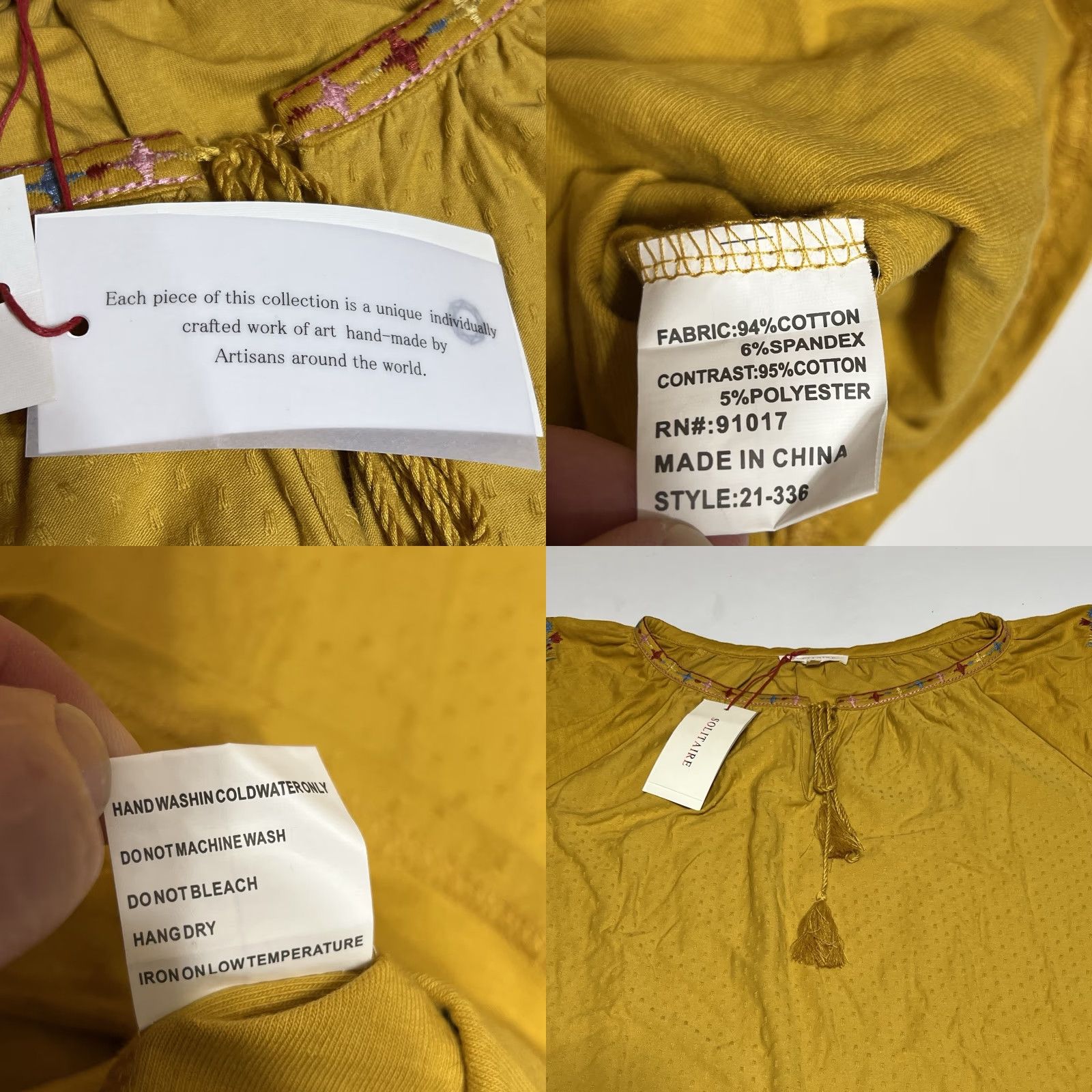 Vintage Solitaire Blouse Short Sleeve Women's XL Yellow Floral Embroidered NWT Boho Top (Cotton Blend) Size XL / US 12-14 / IT 48-50 - 8 Thumbnail