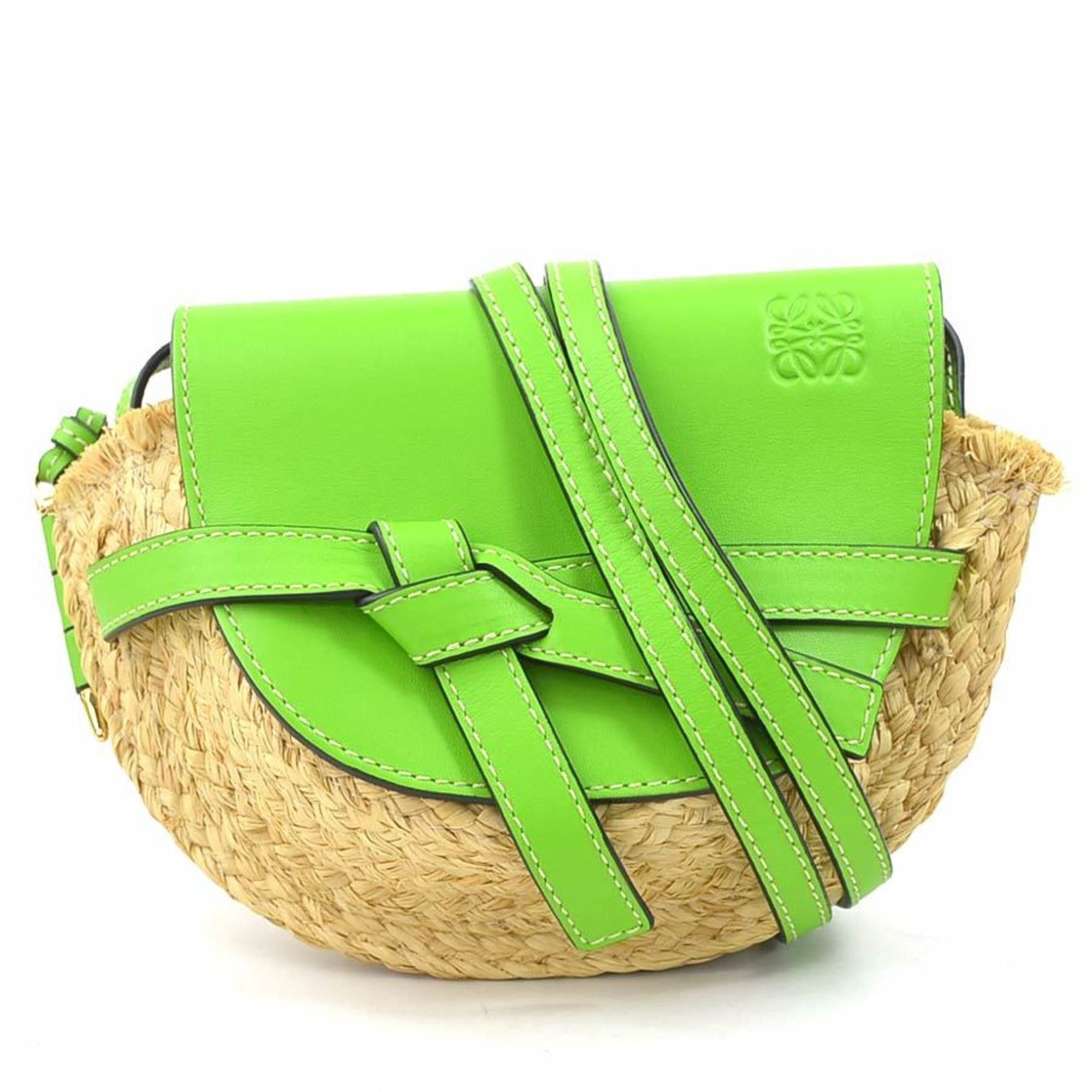 Loewe Shoulder Bag Mini Gate Raffia Leather Natural Light Green Women's E60438I
