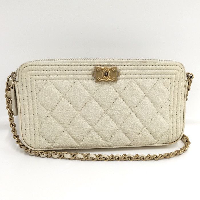 image of Chanel Chain Shoulder Bag Boy Leather White Crossbody, Women's