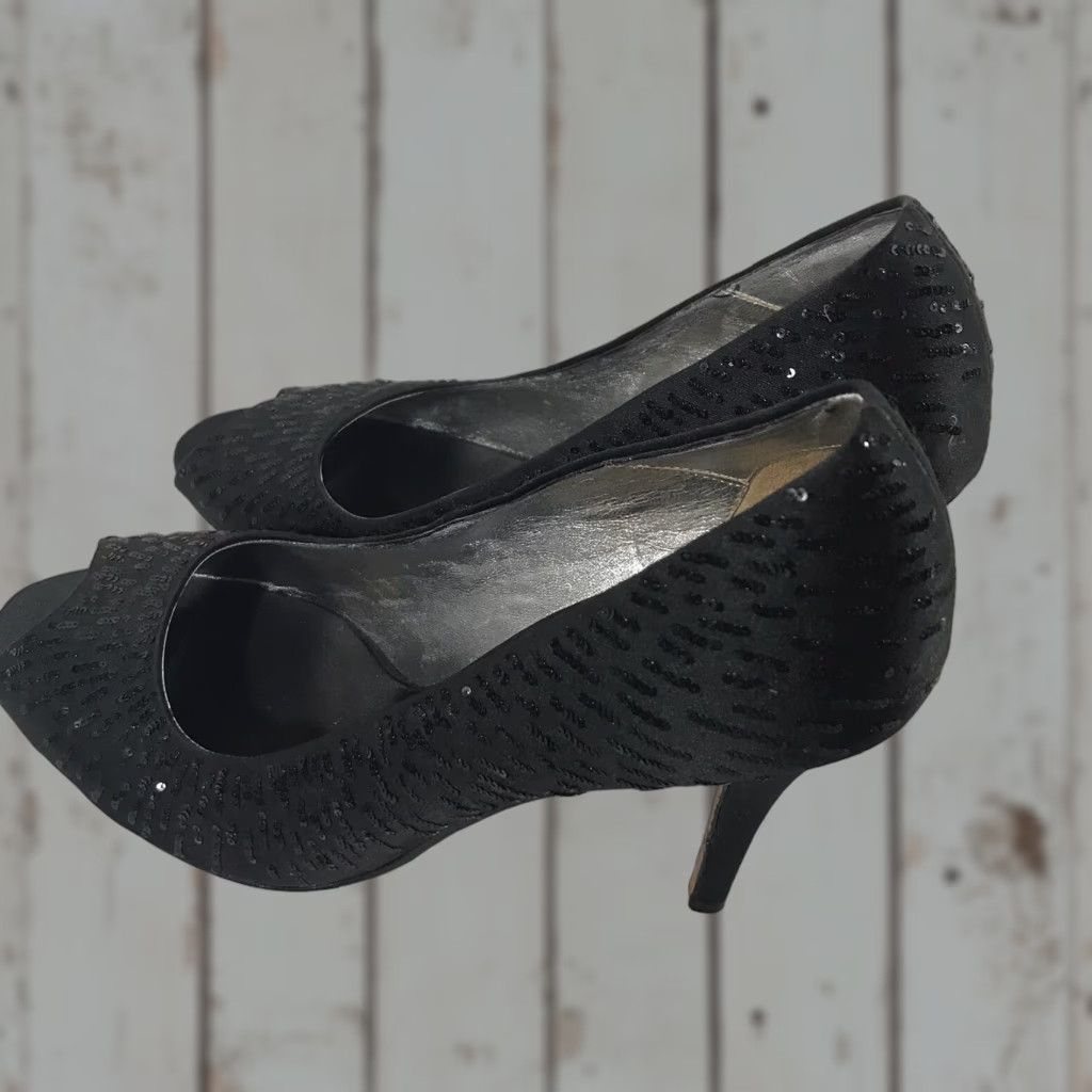 Vintage Ragazza Black Sequin Peep Toe Pumps Womens Size 10B 4in Heel Ultra High Size US 10 / IT 40 - 1 Thumbnail