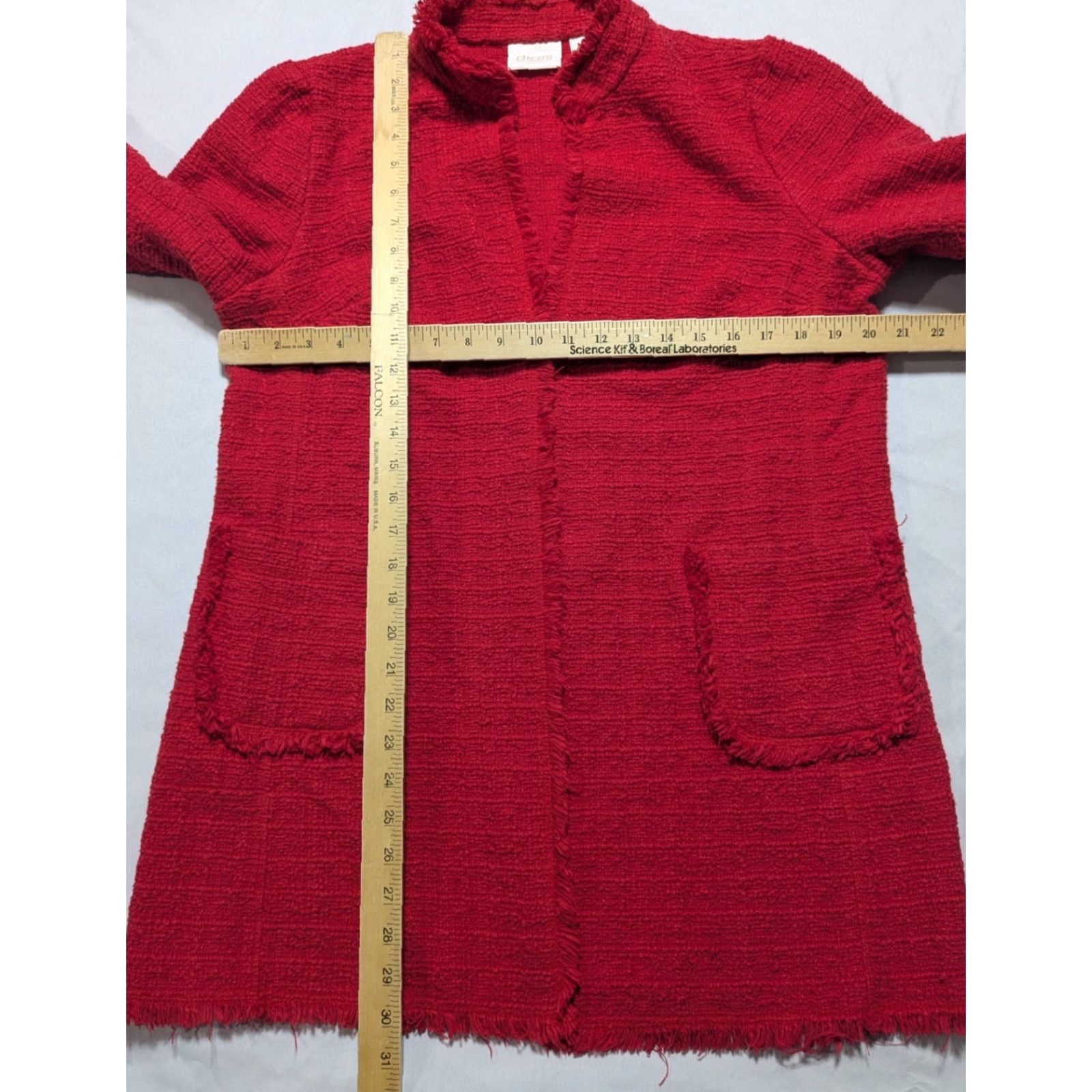 Vintage Chicos Raw-Edge Tweed Jacket Duster Cardigan Mandarin Collar Red Size L Large Womens Sweater Knit Open Front Size L / US 10 / IT 46 - 7 Thumbnail