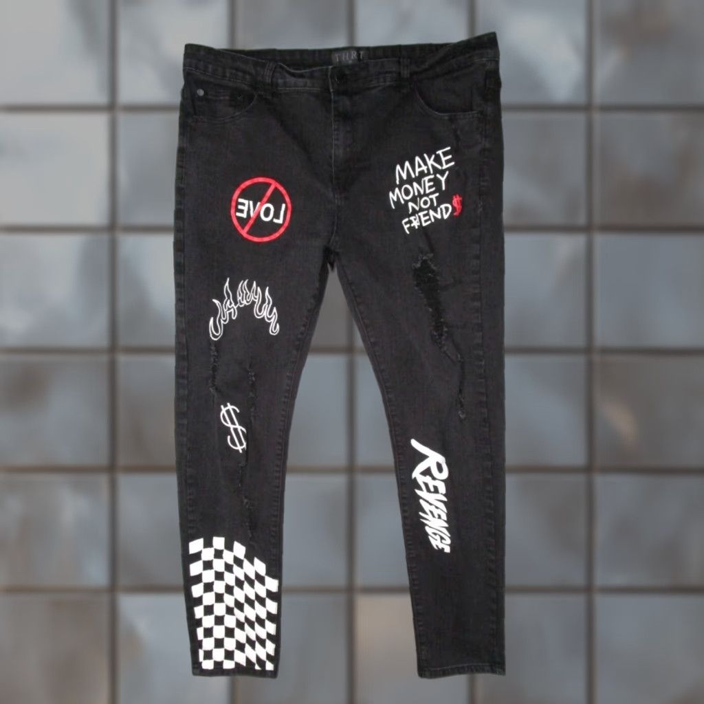 Denime VINTAGE THRT Men's Jeans 40 Black Straight Denim Distressed Graffiti Make Money 2000s Mens Size US 40 / EU 56 - 1 Thumbnail