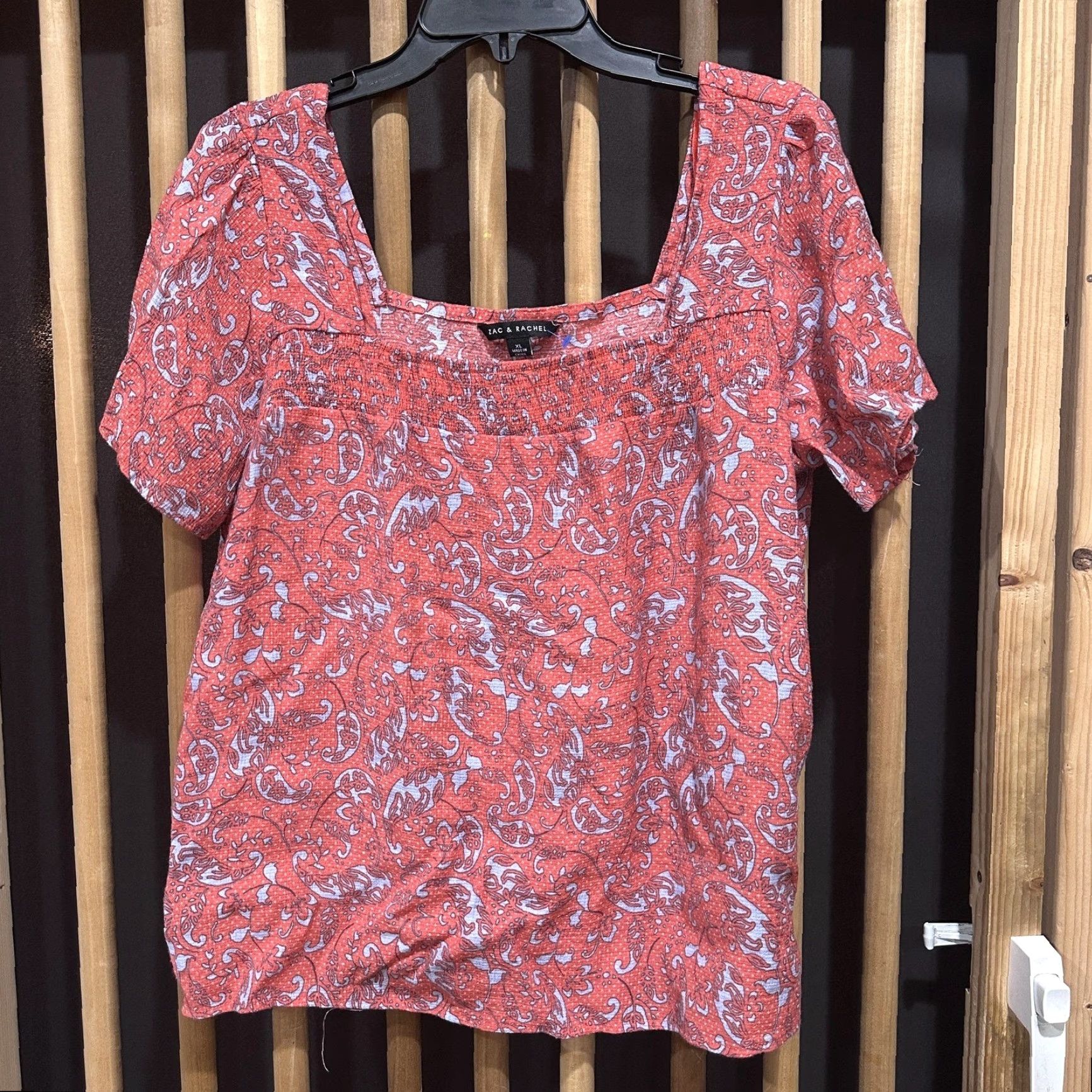Vintage Zac & Rachel Blouse Womens XL Pink Blue Paisley Square Neck Smocked Short Sleeve Size XL / US 12-14 / IT 48-50 - 2 Thumbnail