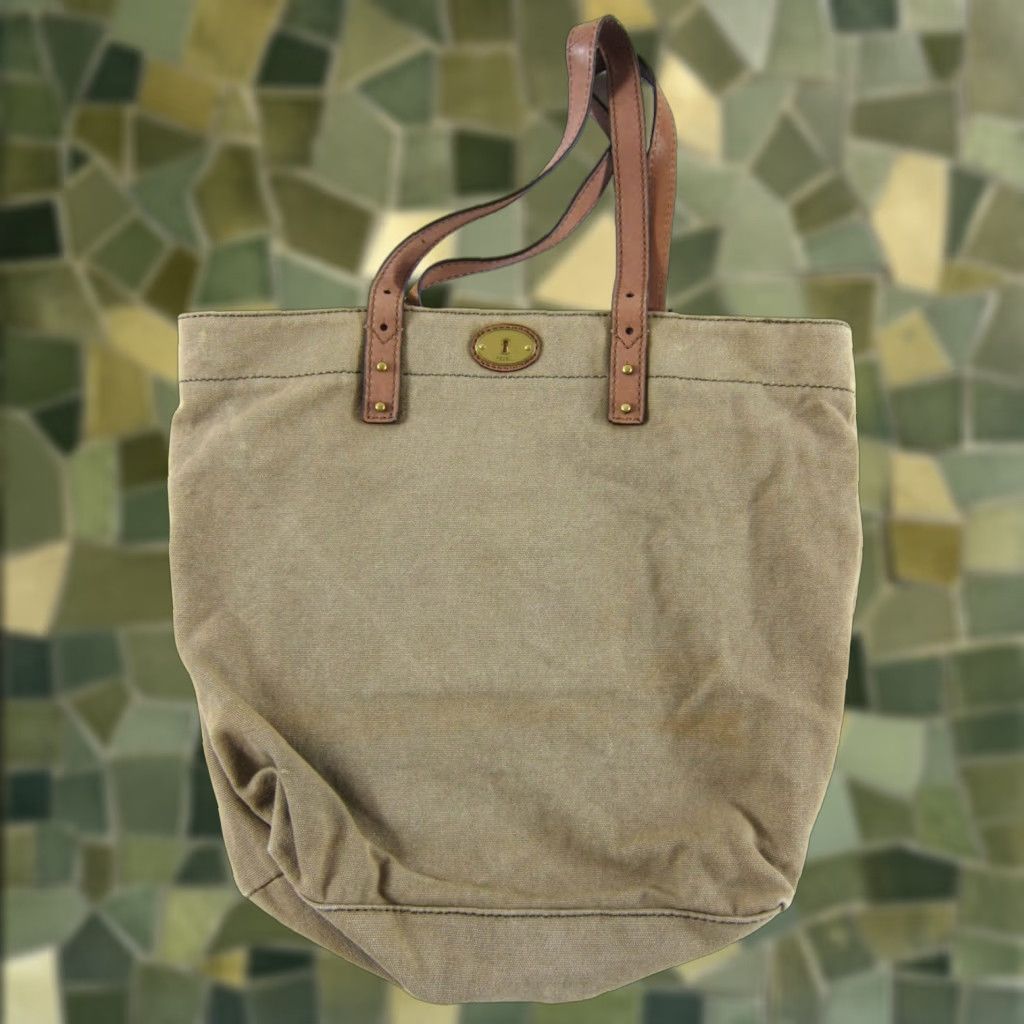 Fossil RARE Vintage Fossil Brown Canvas Gold Leather Key Patch Tote Shoulder Bag Purse Size ONE SIZE - 1 Thumbnail