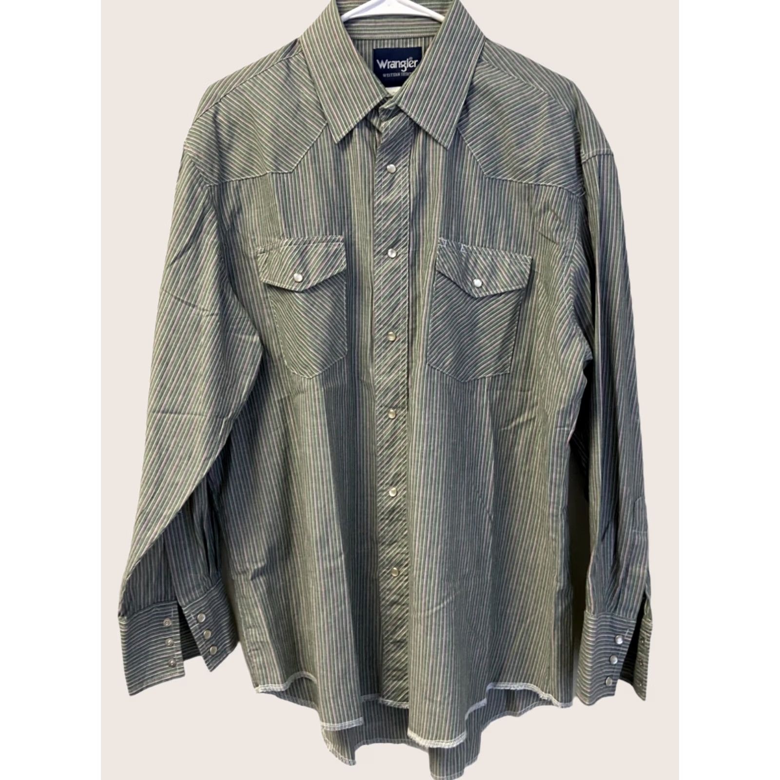 Wrangler Wrangler Western Shirt Mens Dress Snap Button Green Striped 16.5 x 34 L/S pocket Size 46R - 1 Thumbnail