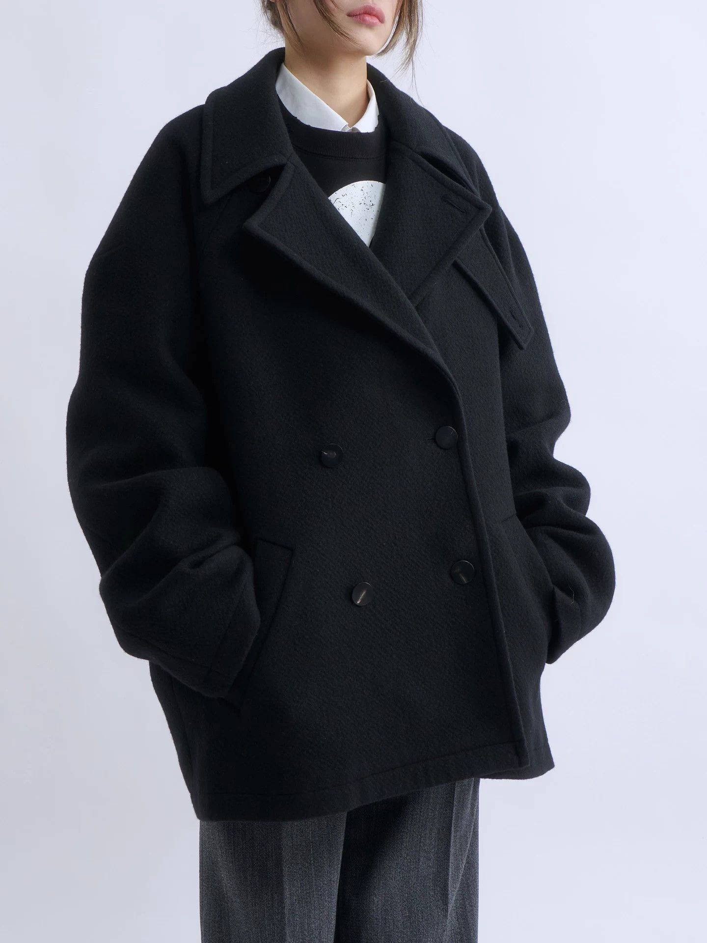Structure STRUCTURA Black DB Oversized Wool Short Peacoat Size M / US 6-8 / IT 42-44 - 1 Thumbnail