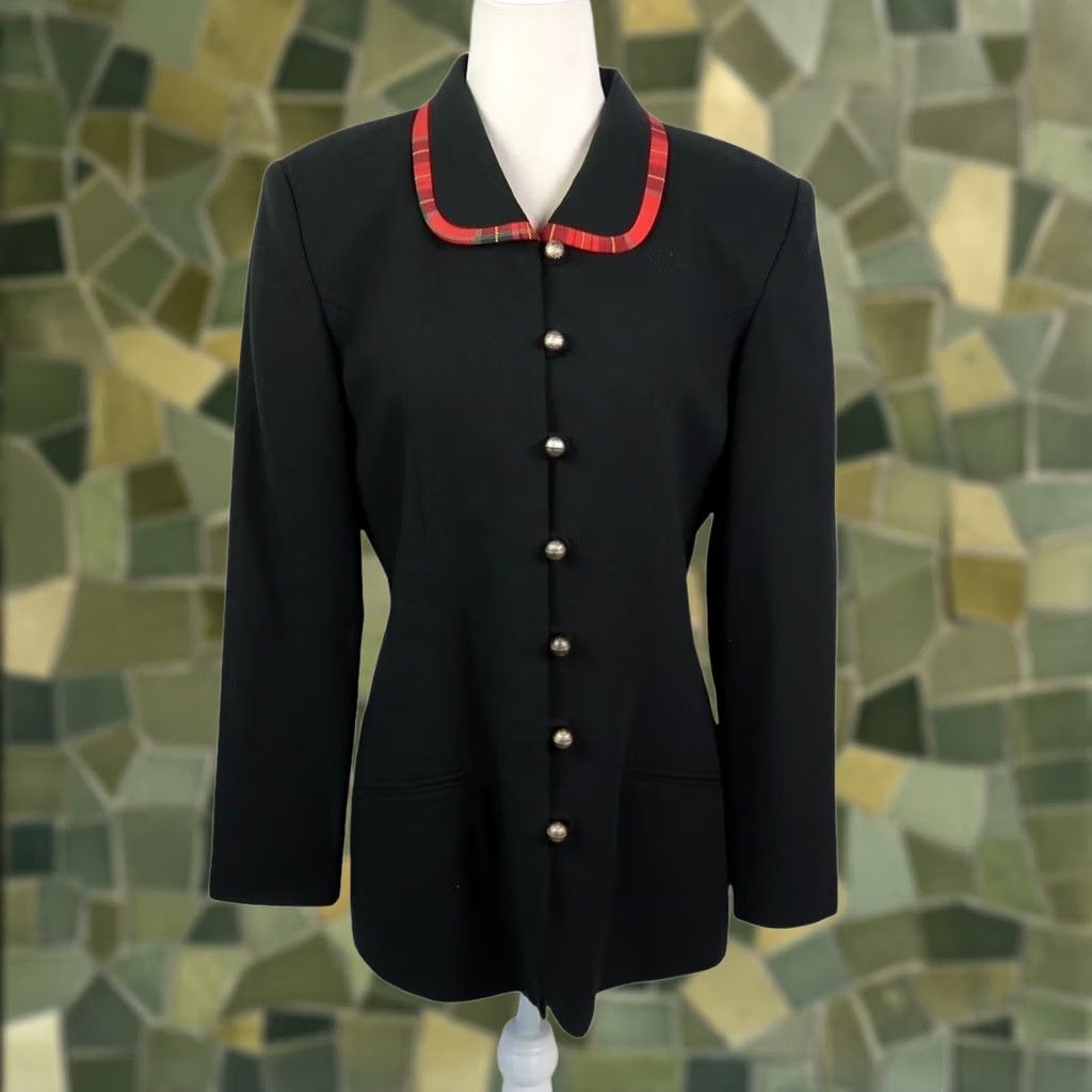 Vintage VINTAGE Oberon Blazer Jacket Black Wool 90s 80s Red Plaid Trim Womens 10 Size L / US 10 / IT 46 - 1 Thumbnail